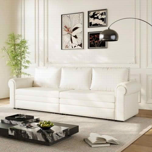 MAYEERTY 93.7" Chesterfield 3‑in‑1 Pull‑Out Sofa Bed, Faux Leather Sleeper Sofa with Nailhead Trim & Rolled Arms, King Size, 3 Pillows Included