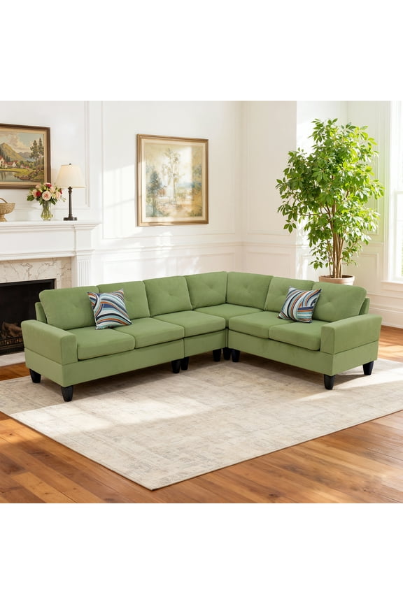 95.5" L-Shaped Sectional Sofa, Flannel Modular Couch Sofa Set without Ottoman, Apple-Green (Right)