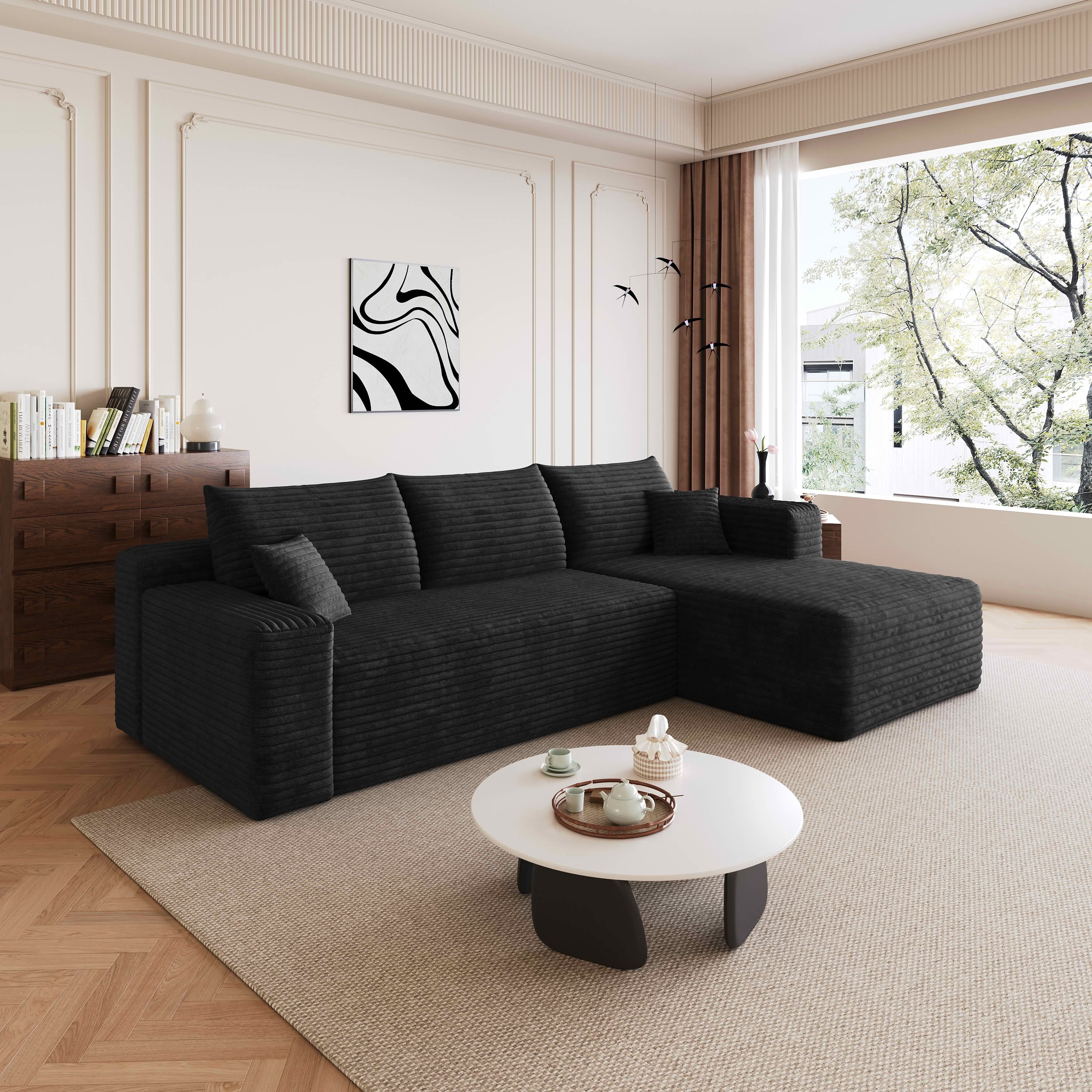 MAYEERTY 95" Cloud Sectional Sofa, U-Shaped Corduroy Upholstered Deep Seat Couch, No Assembly for Living Room, Black