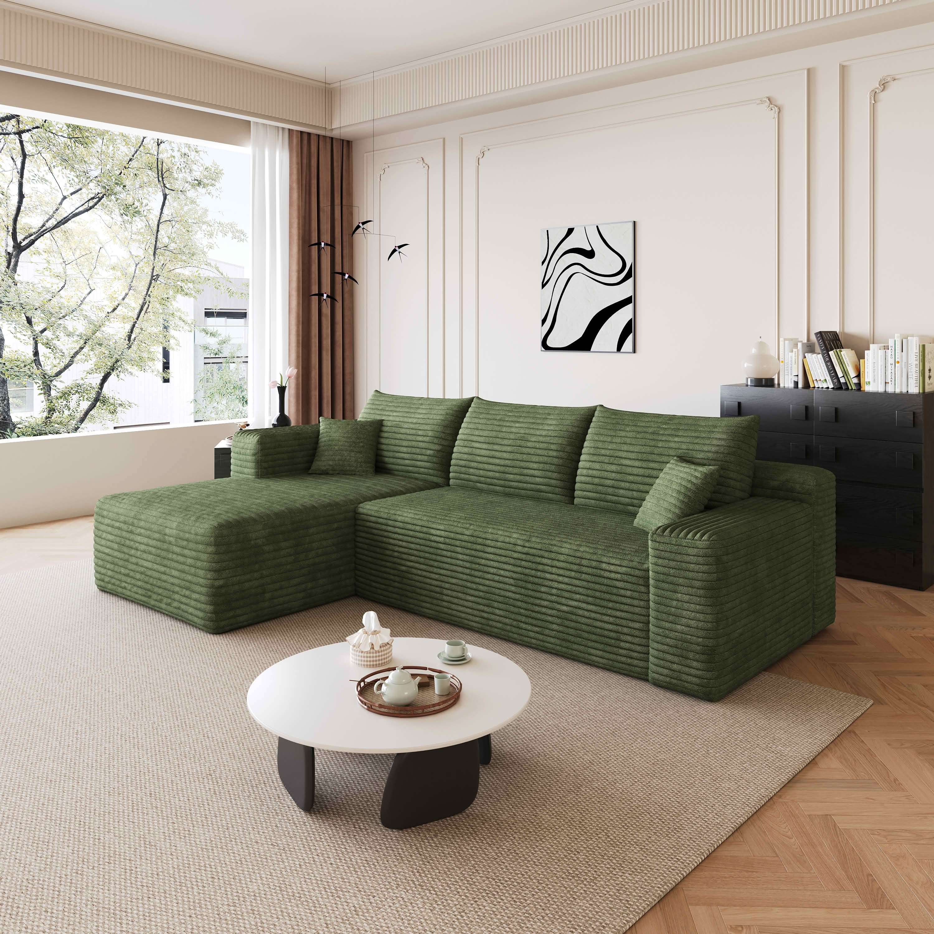 MAYEERTY 95" Cloud Sectional Sofa, U-Shaped Corduroy Upholstered Deep Seat Couch, No Assembly for Living Room, Green