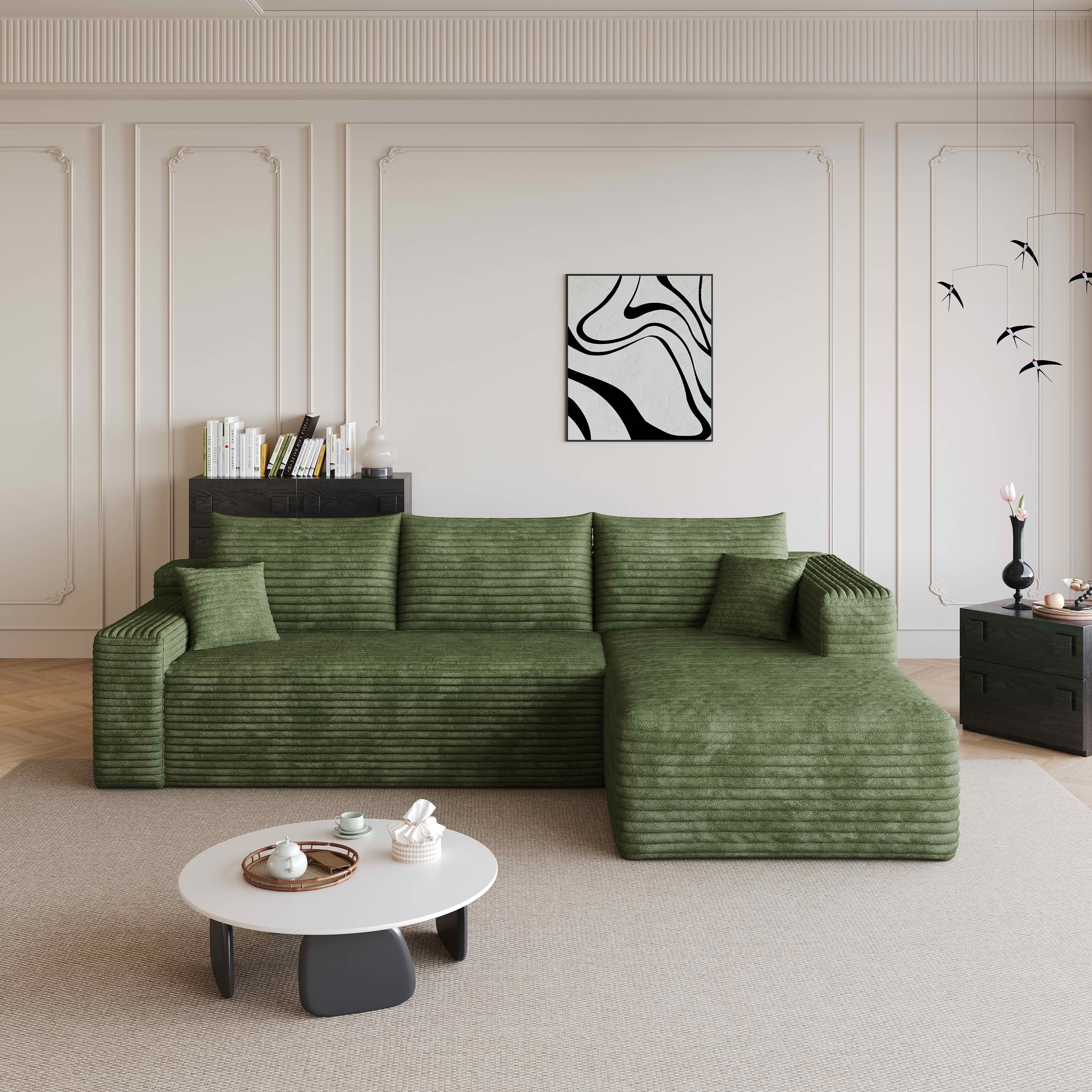 MAYEERTY 95" Cloud Sectional Sofa, U-Shaped Corduroy Upholstered Deep Seat Couch, No Assembly for Living Room, Green