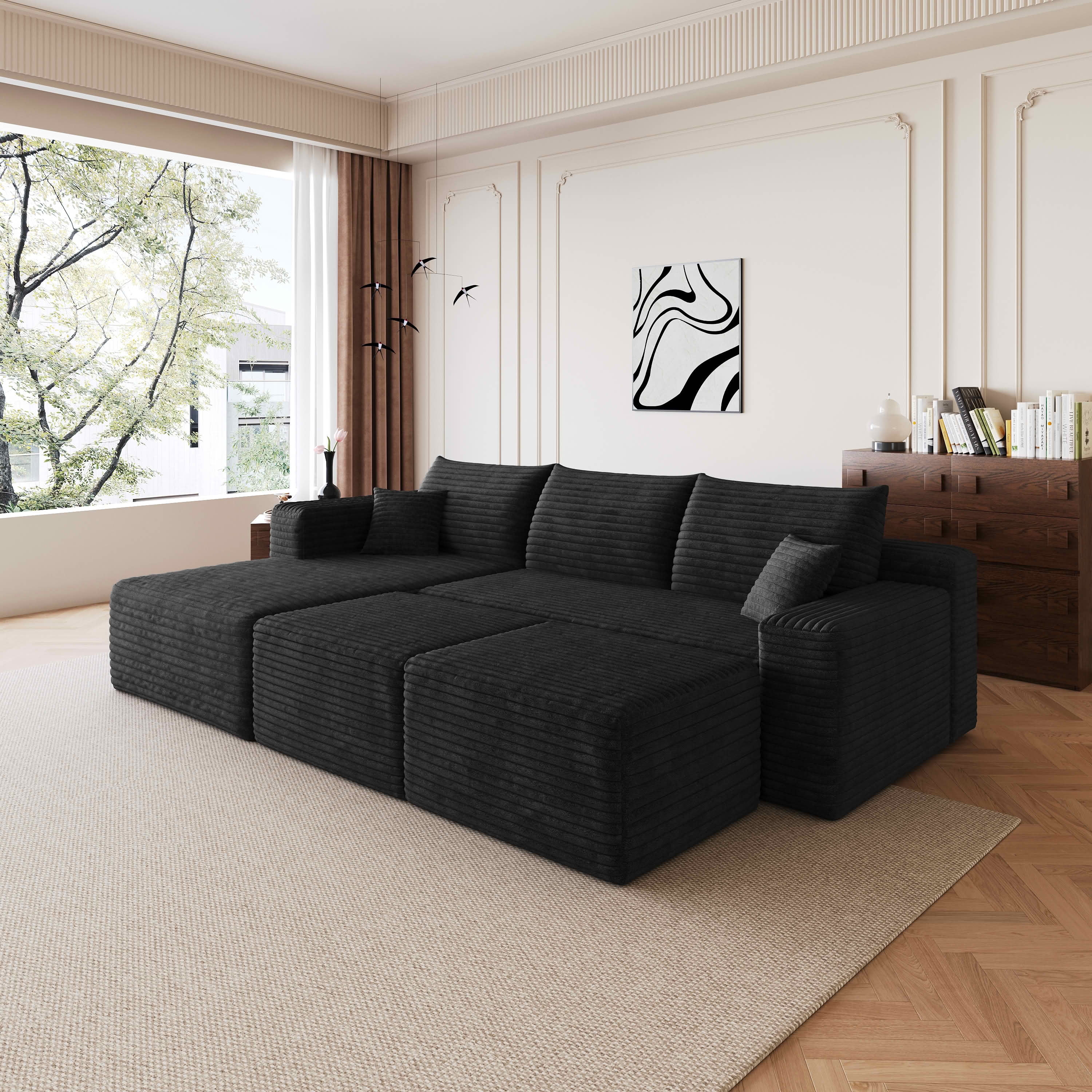 MAYEERTY 95" Cloud Sectional Sofa with 2 Ottomans, U-Shaped Corduroy Deep Seat Couch, No Assembly for Living Room, Black
