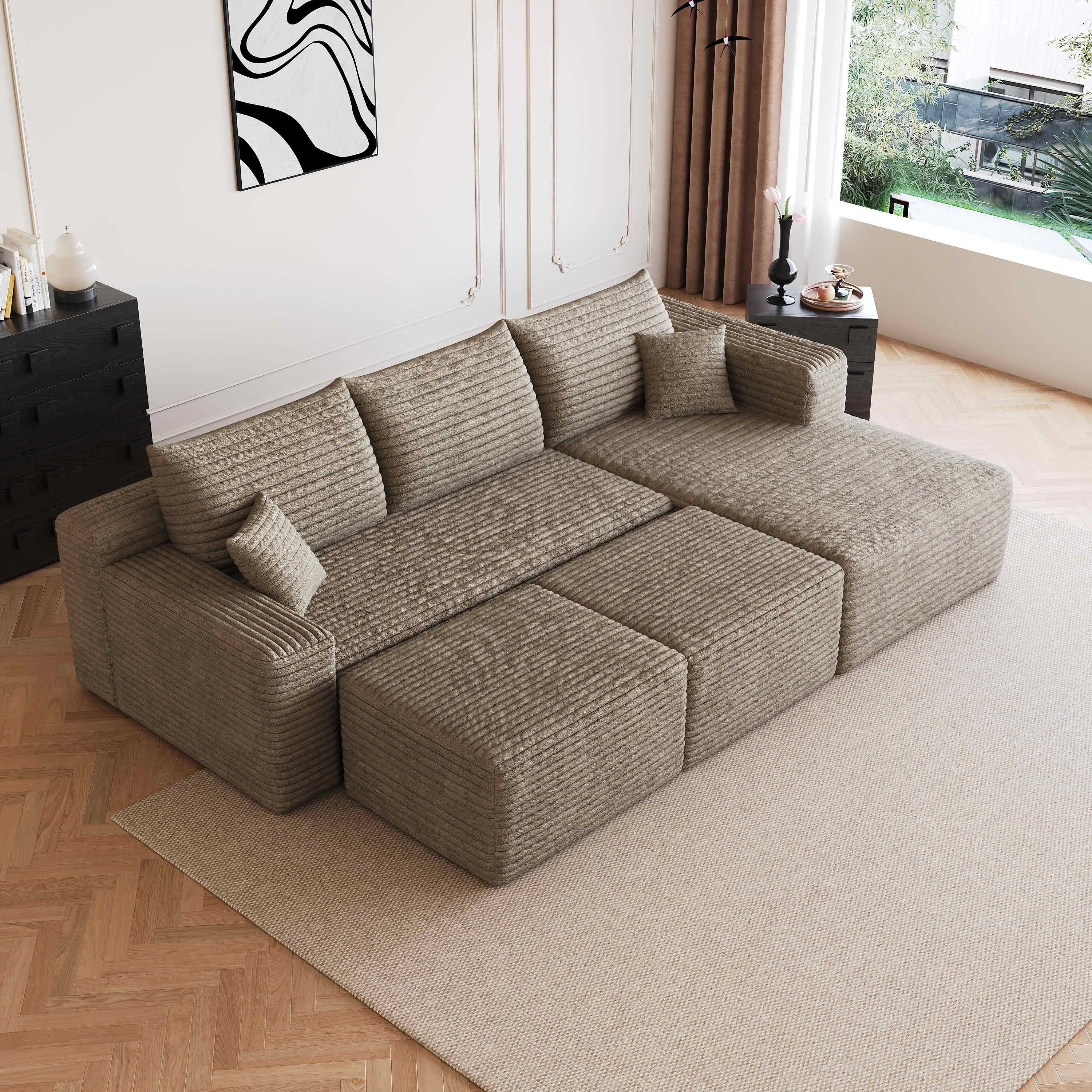 MAYEERTY 95" Cloud Sectional Sofa with 2 Ottomans, U-Shaped Corduroy Deep Seat Couch, No Assembly for Living Room, Brown