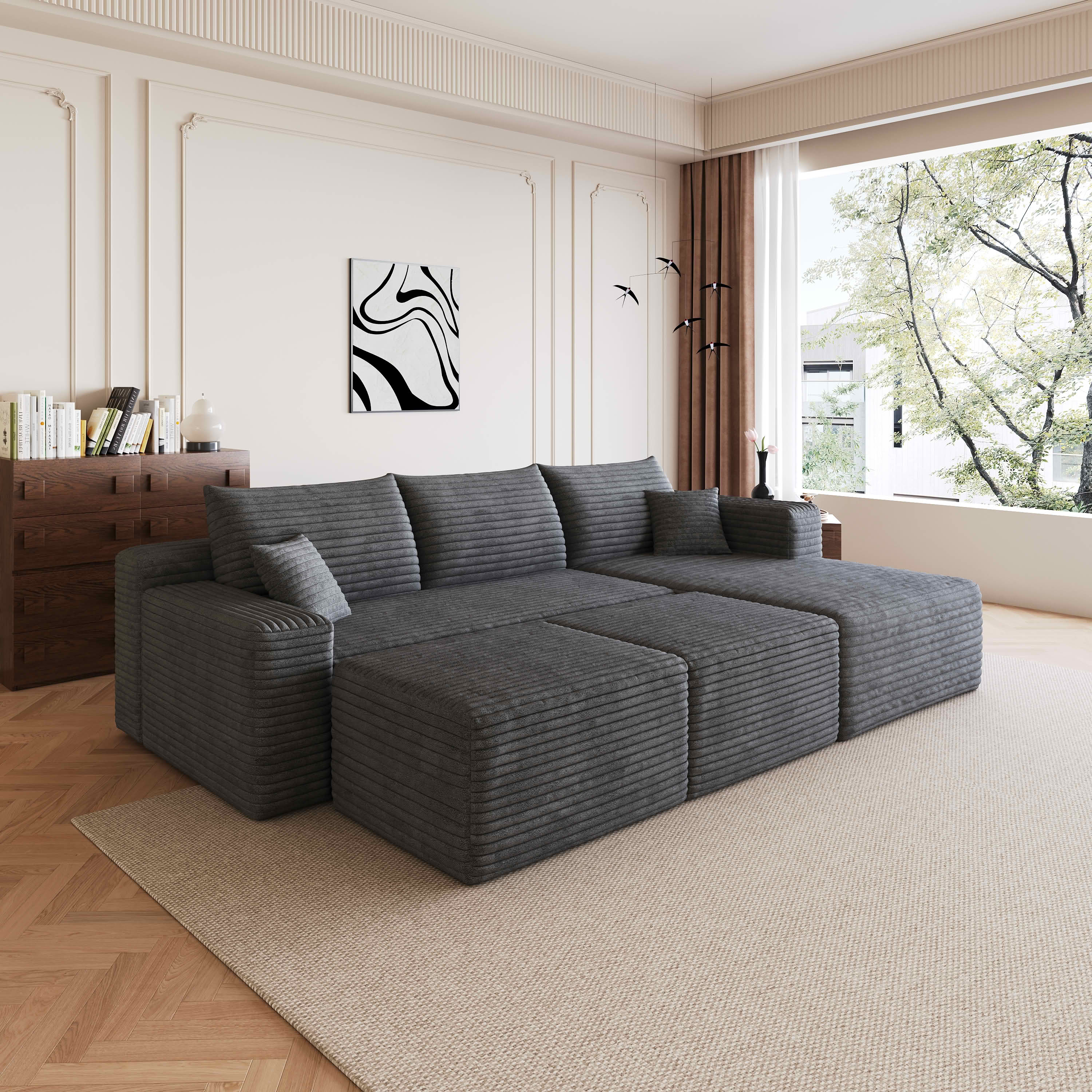 MAYEERTY 95" Cloud Sectional Sofa with 2 Ottomans, U-Shaped Corduroy Deep Seat Couch, No Assembly for Living Room, Dark Gray