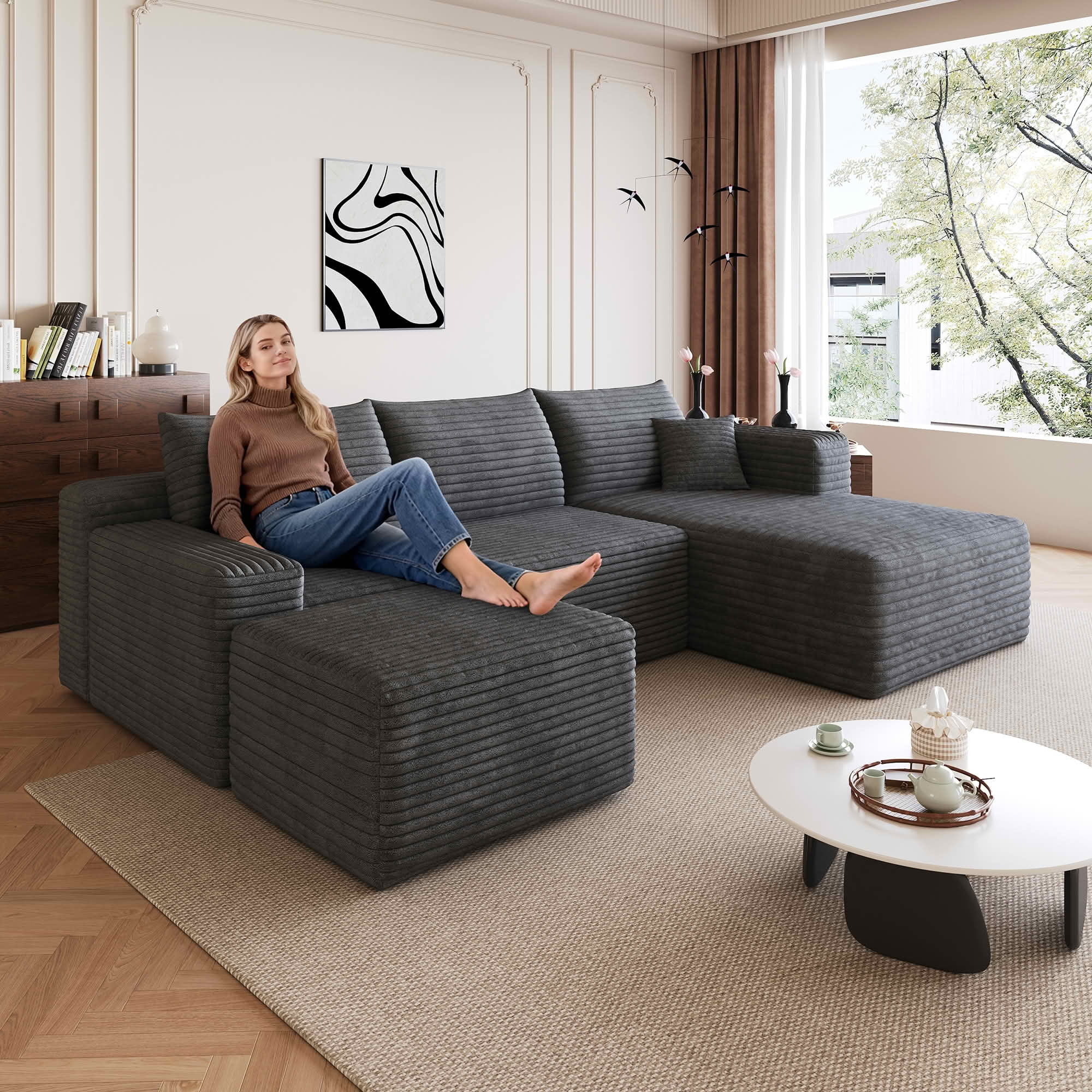 MAYEERTY 95" Cloud Sectional Sofa with Ottoman, U-Shaped Corduroy Deep Seat Couch, No Assembly for Living Room, Dark Gray