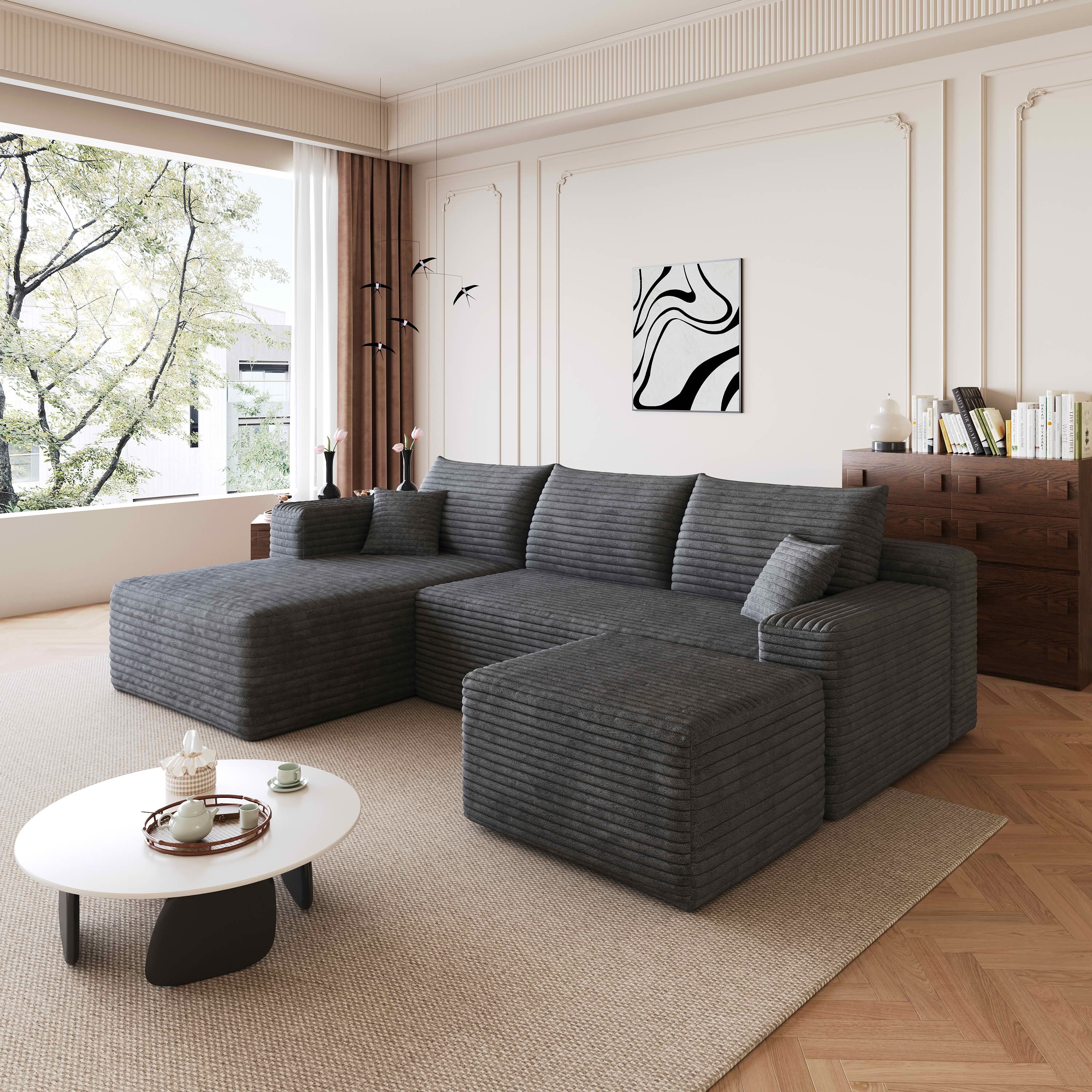 MAYEERTY 95" Cloud Sectional Sofa with Ottoman, U-Shaped Corduroy Deep Seat Couch, No Assembly for Living Room, Dark Gray
