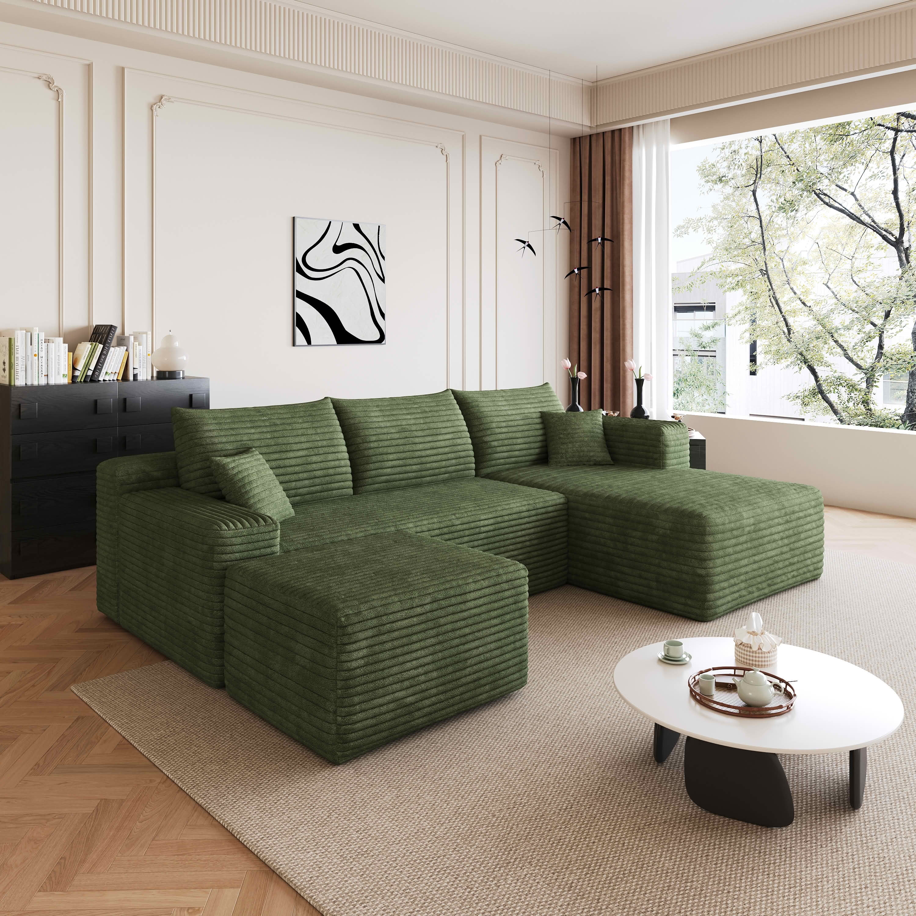 MAYEERTY 95" Cloud Sectional Sofa with Ottoman, U-Shaped Corduroy Deep Seat Couch, No Assembly for Living Room, Green