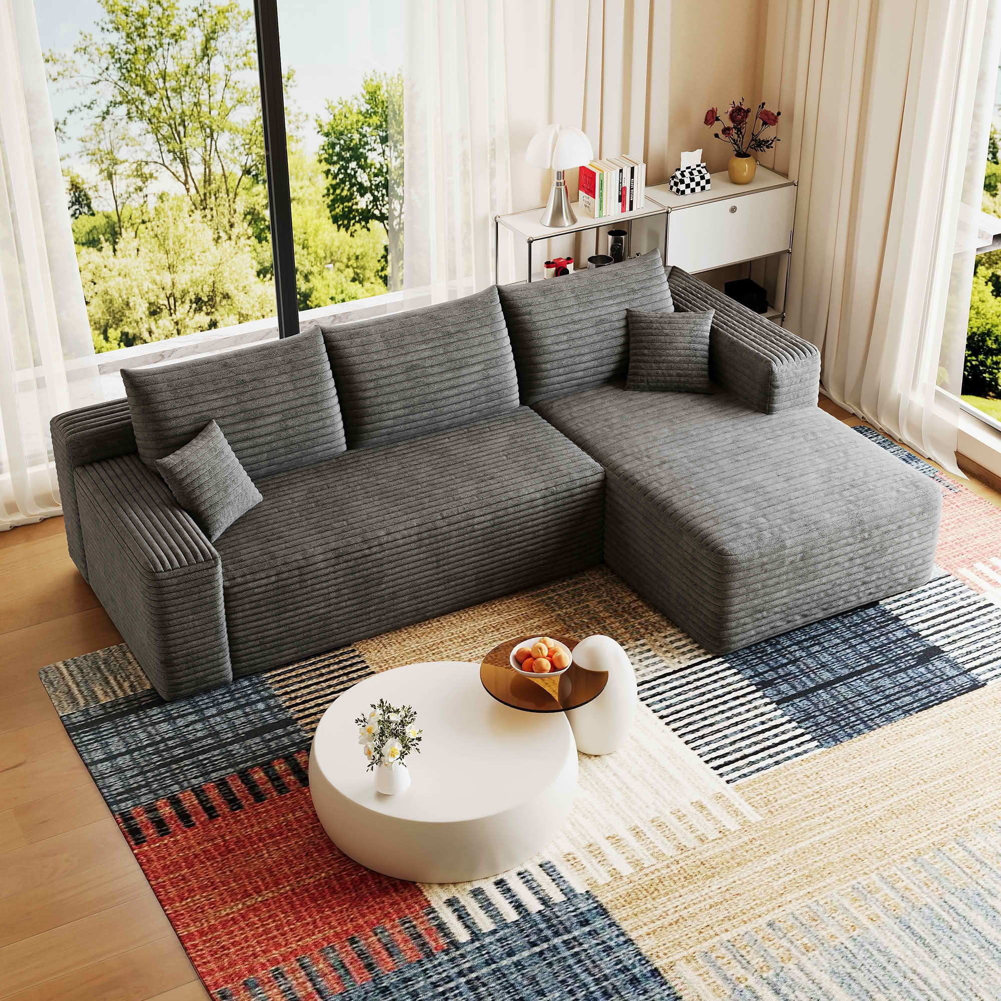 MAYEERTY 95" Corduroy L-Shaped Sectional Sofa, Modern Minimalist Deep Seat Corner Couch with Chaise, No Assembly Leisure Sofa for Home