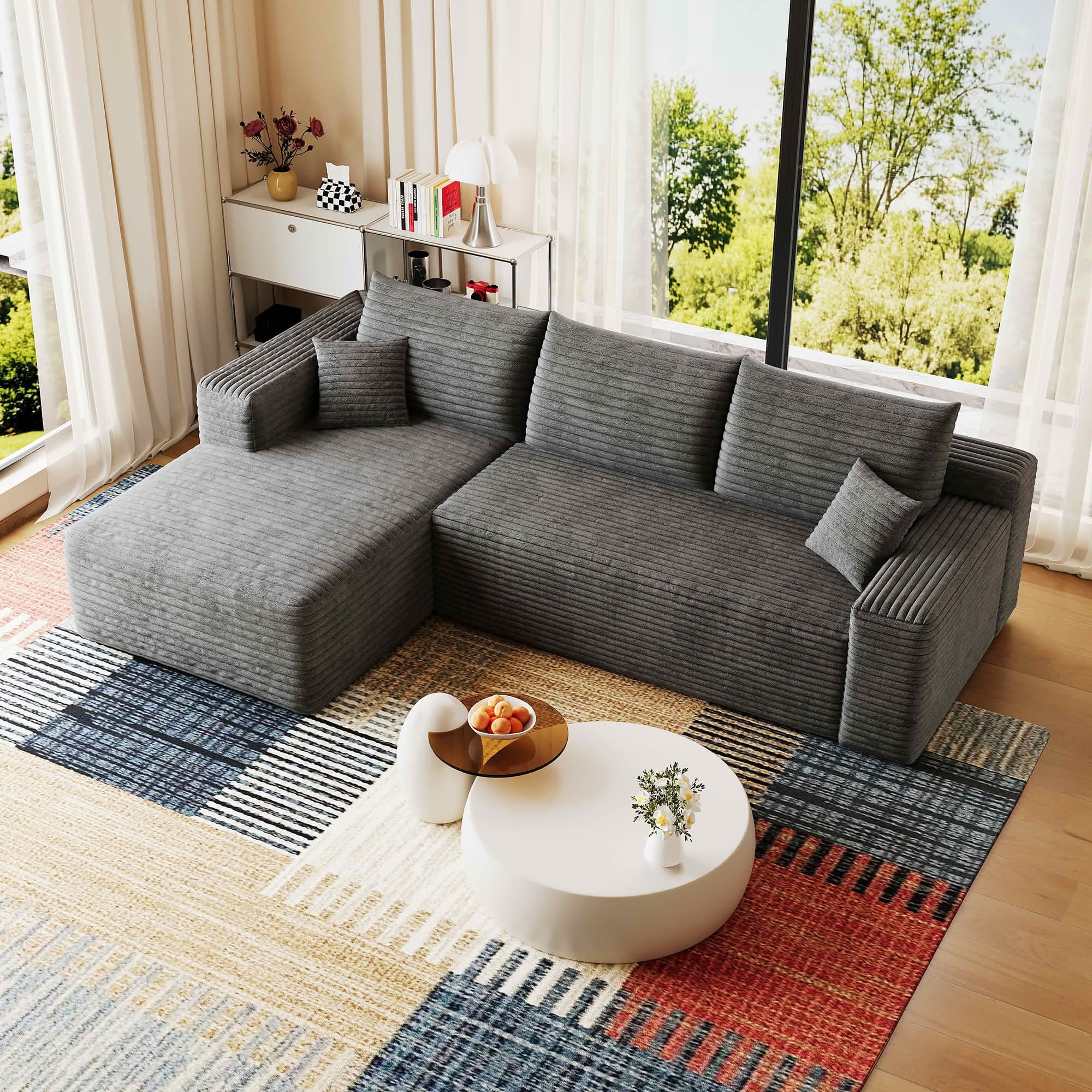 MAYEERTY 95" Corduroy L-Shaped Sectional Sofa, Modern Minimalist Deep Seat Corner Couch with Chaise, No Assembly Leisure Sofa for Home