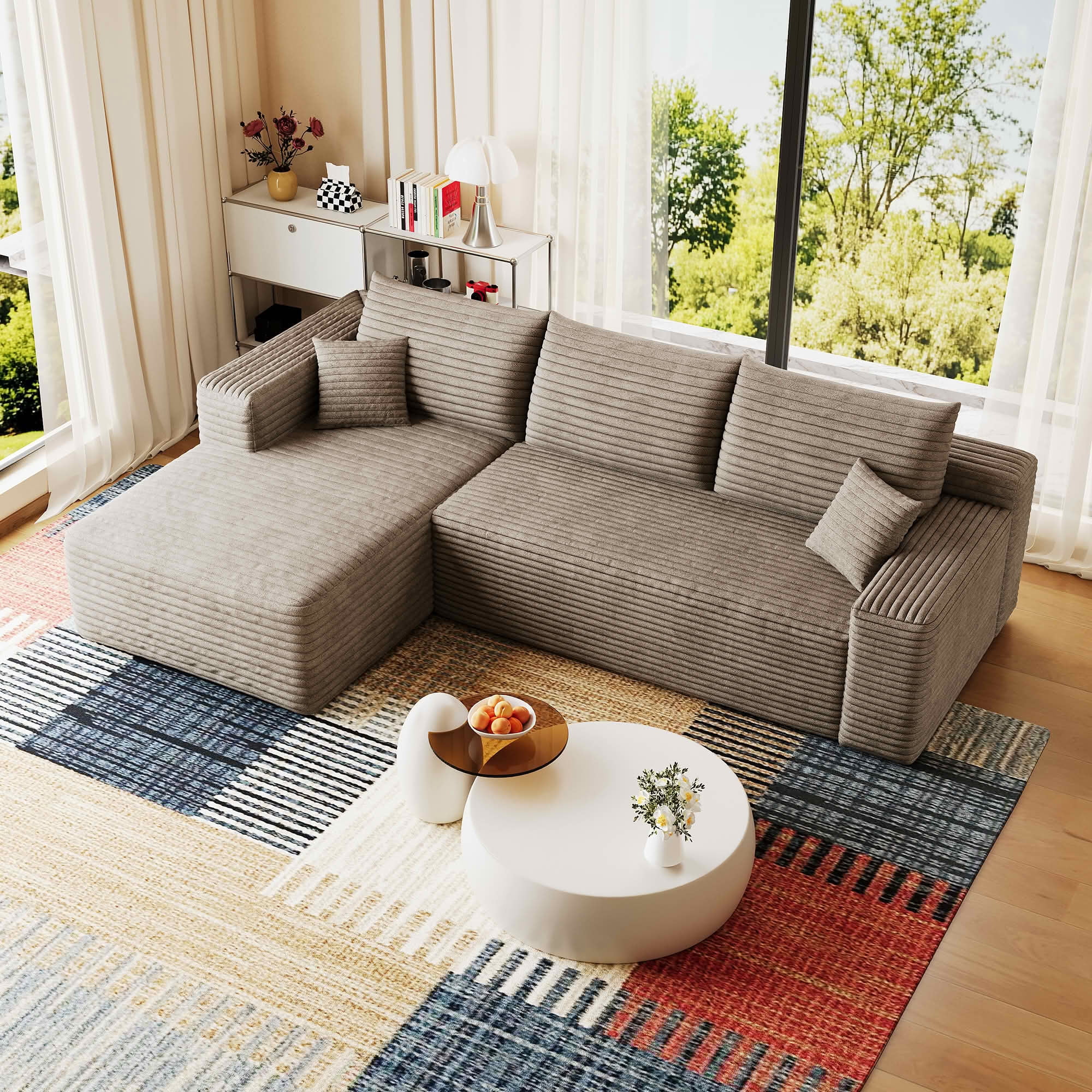 MAYEERTY 95" Corduroy L-Shaped Sectional Sofa, Modern Minimalist Deep Seat Corner Couch with Chaise, No Assembly Leisure Sofa for Home