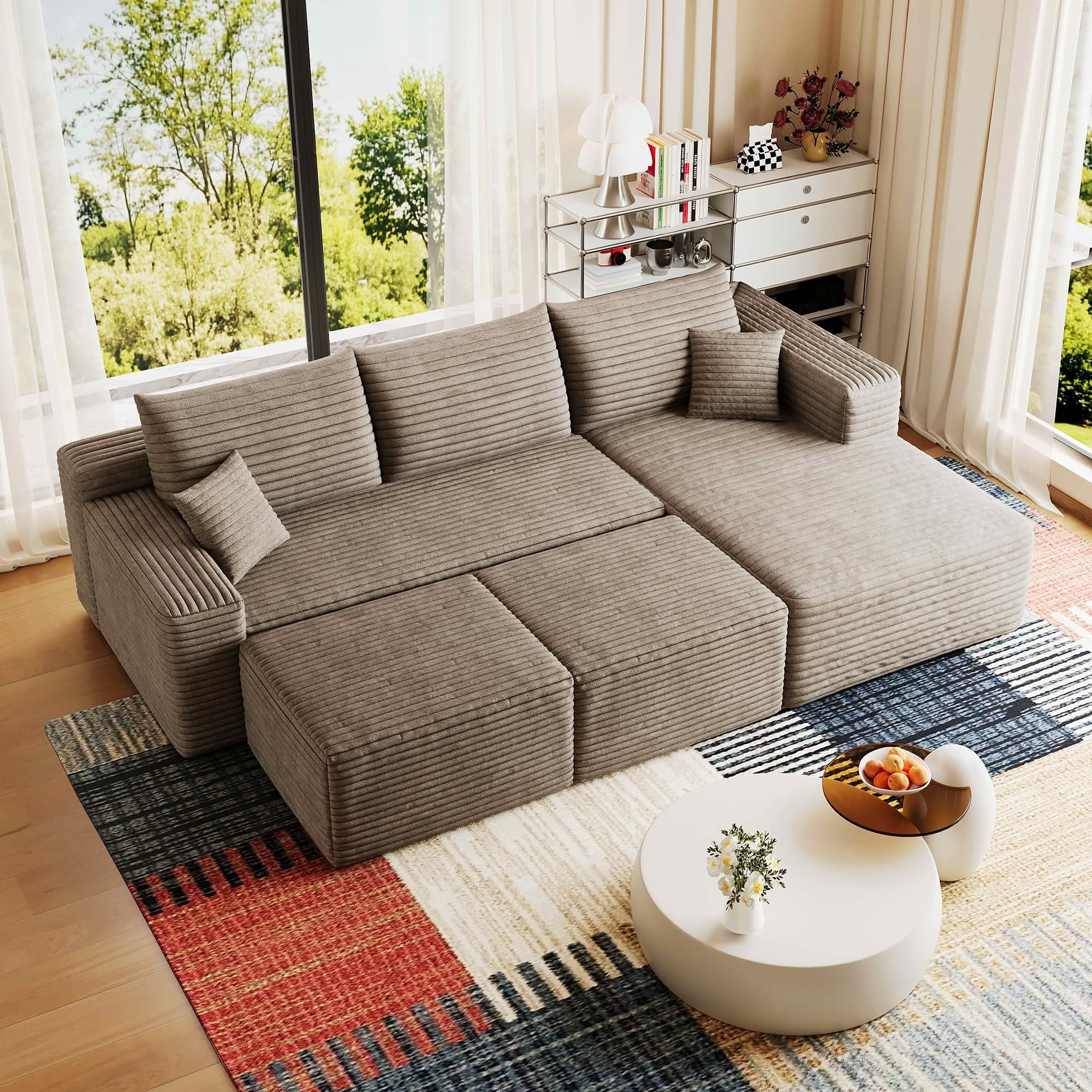 MAYEERTY 95" Corduroy U-Shaped Sectional Sofa with 2 Ottomans, Deep Seat Cloud Couch, No Assembly Leisure Sofa for Home
