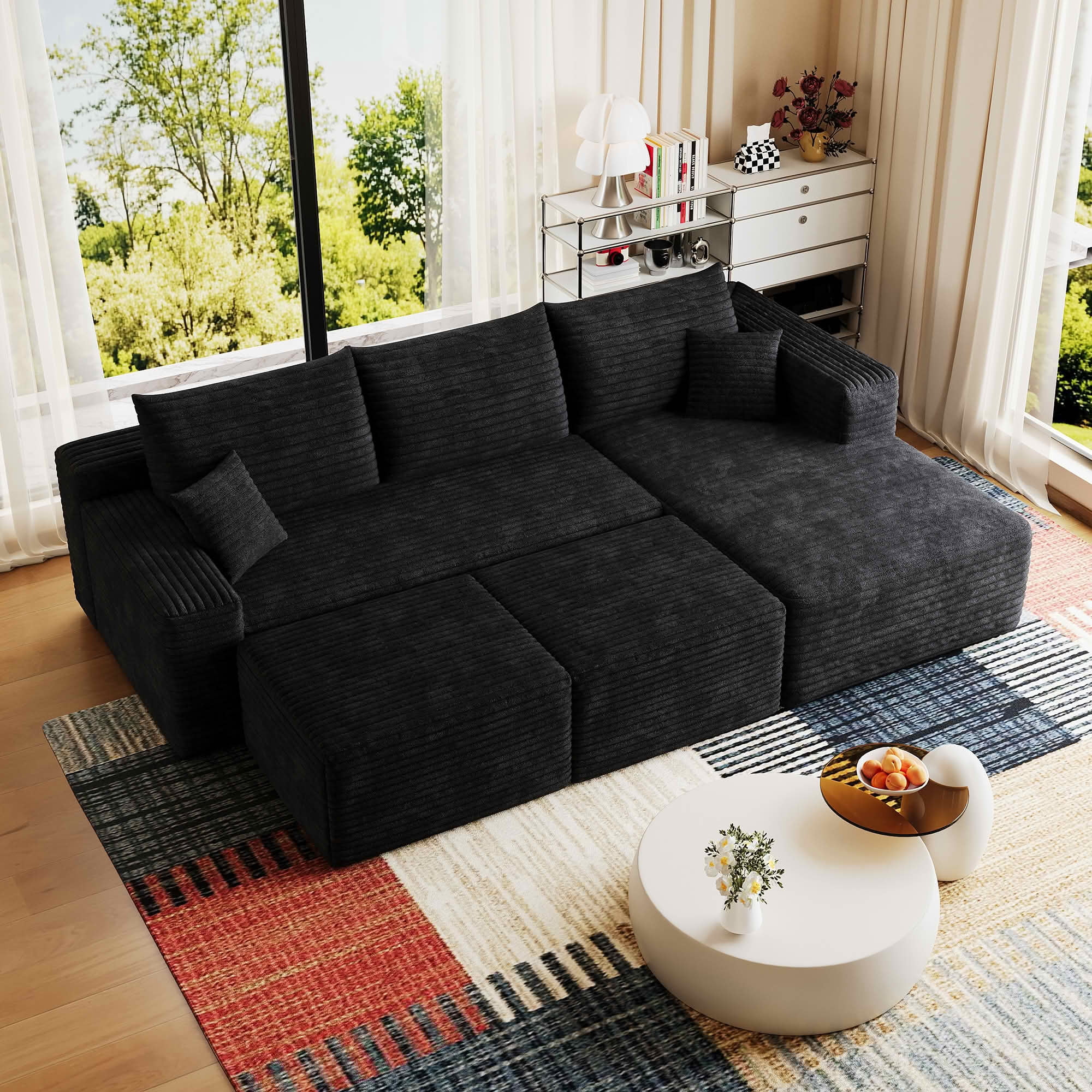 MAYEERTY 95" Corduroy U-Shaped Sectional Sofa with 2 Ottomans, Deep Seat Cloud Couch, No Assembly Leisure Sofa for Home