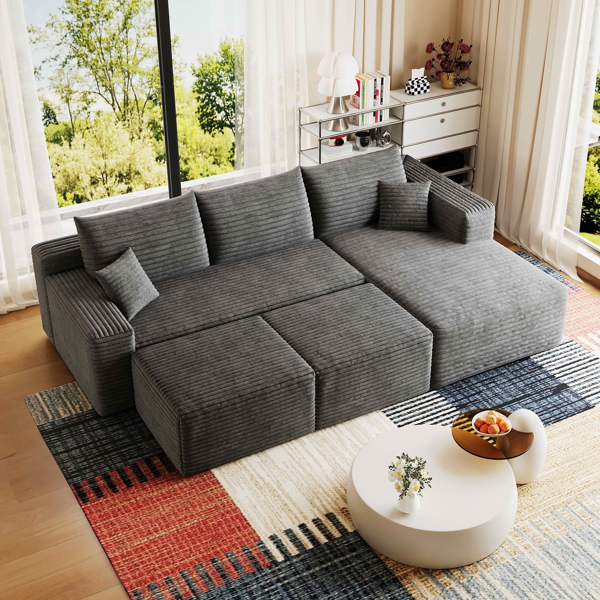 MAYEERTY 95" Corduroy U-Shaped Sectional Sofa with 2 Ottomans, Deep Seat Cloud Couch, No Assembly Leisure Sofa for Home