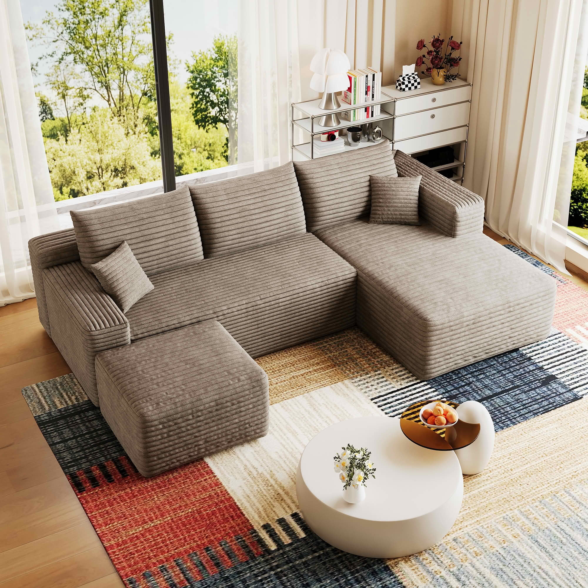 MAYEERTY 95" Corduroy U-Shaped Sectional Sofa with Ottoman, Deep Seat Cloud Couch, No Assembly Leisure Sofa for Home