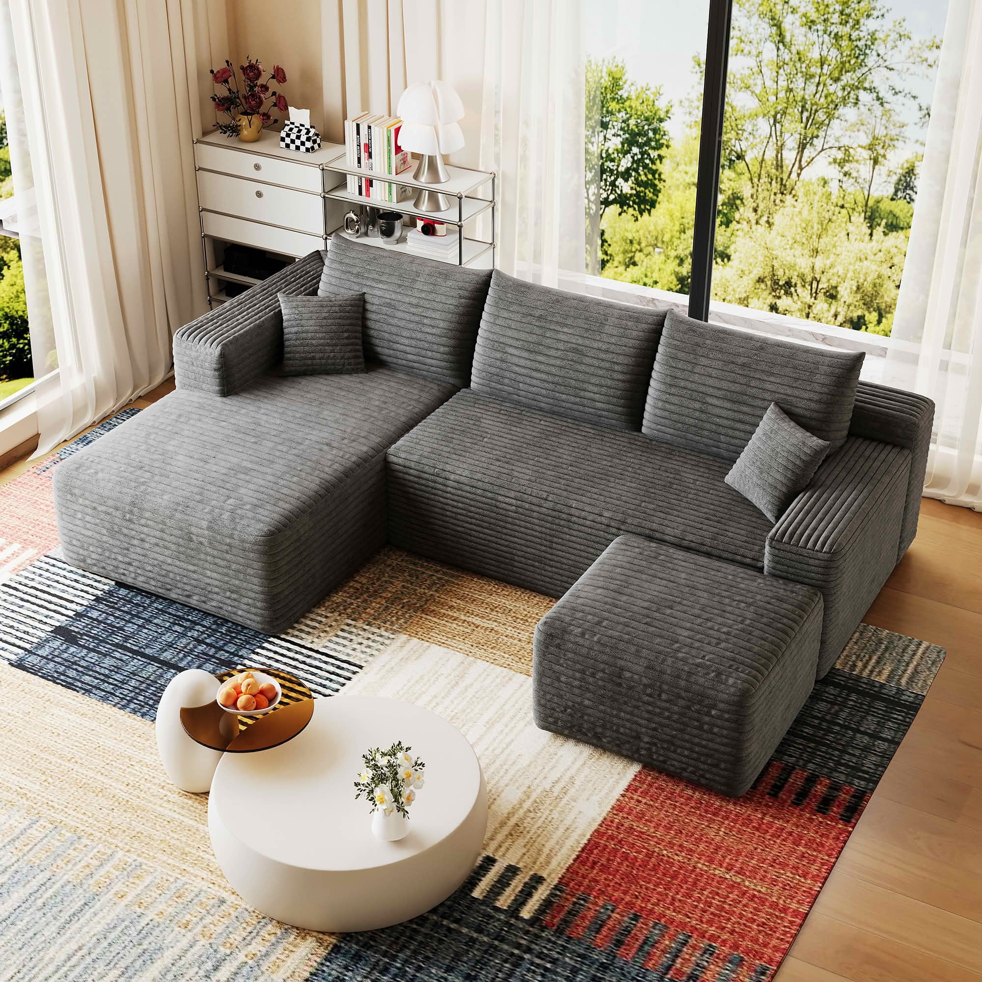 MAYEERTY 95" Corduroy U-Shaped Sectional Sofa with Ottoman, Deep Seat Cloud Couch, No Assembly Leisure Sofa for Home