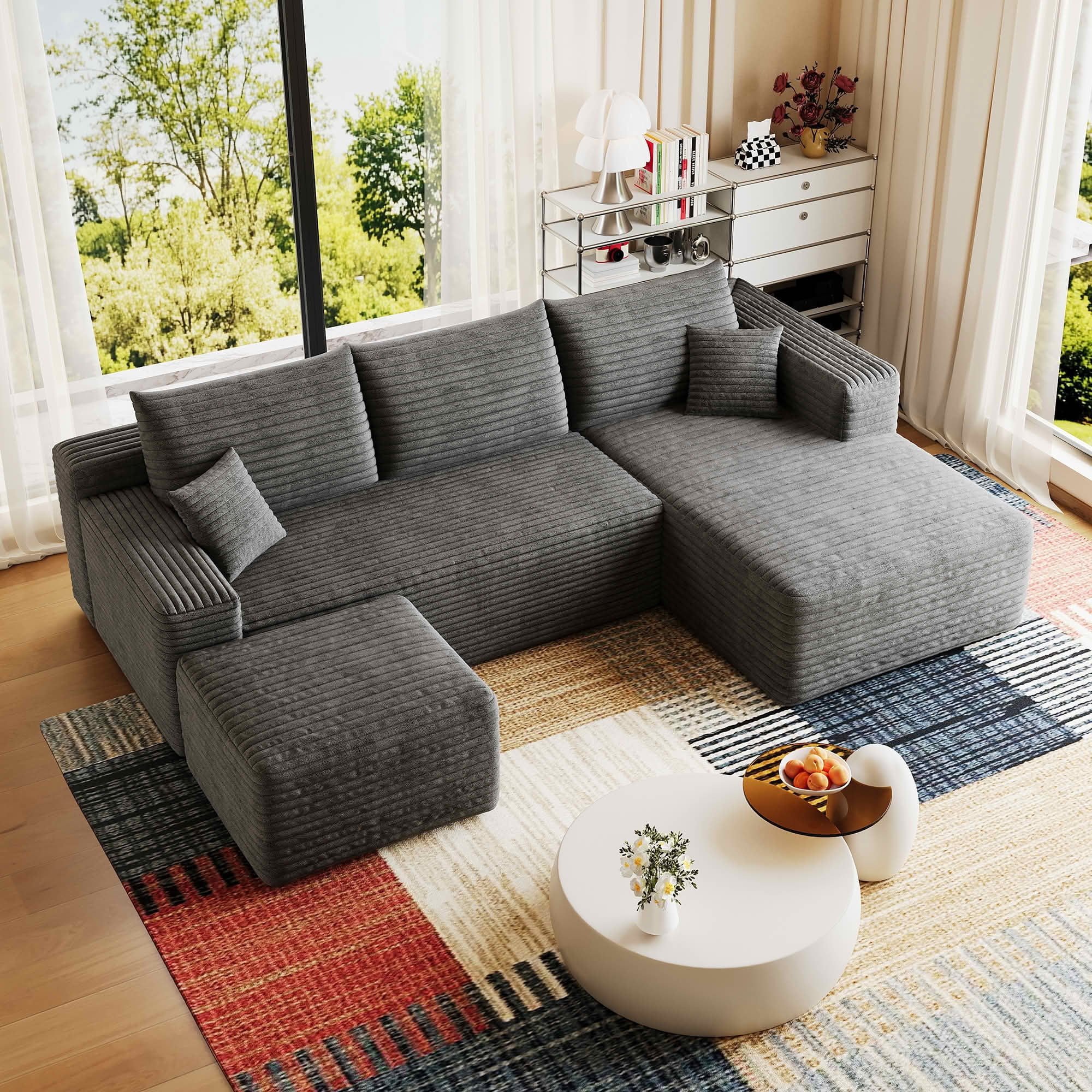 MAYEERTY 95" Corduroy U-Shaped Sectional Sofa with Ottoman, Deep Seat Cloud Couch, No Assembly Leisure Sofa for Home