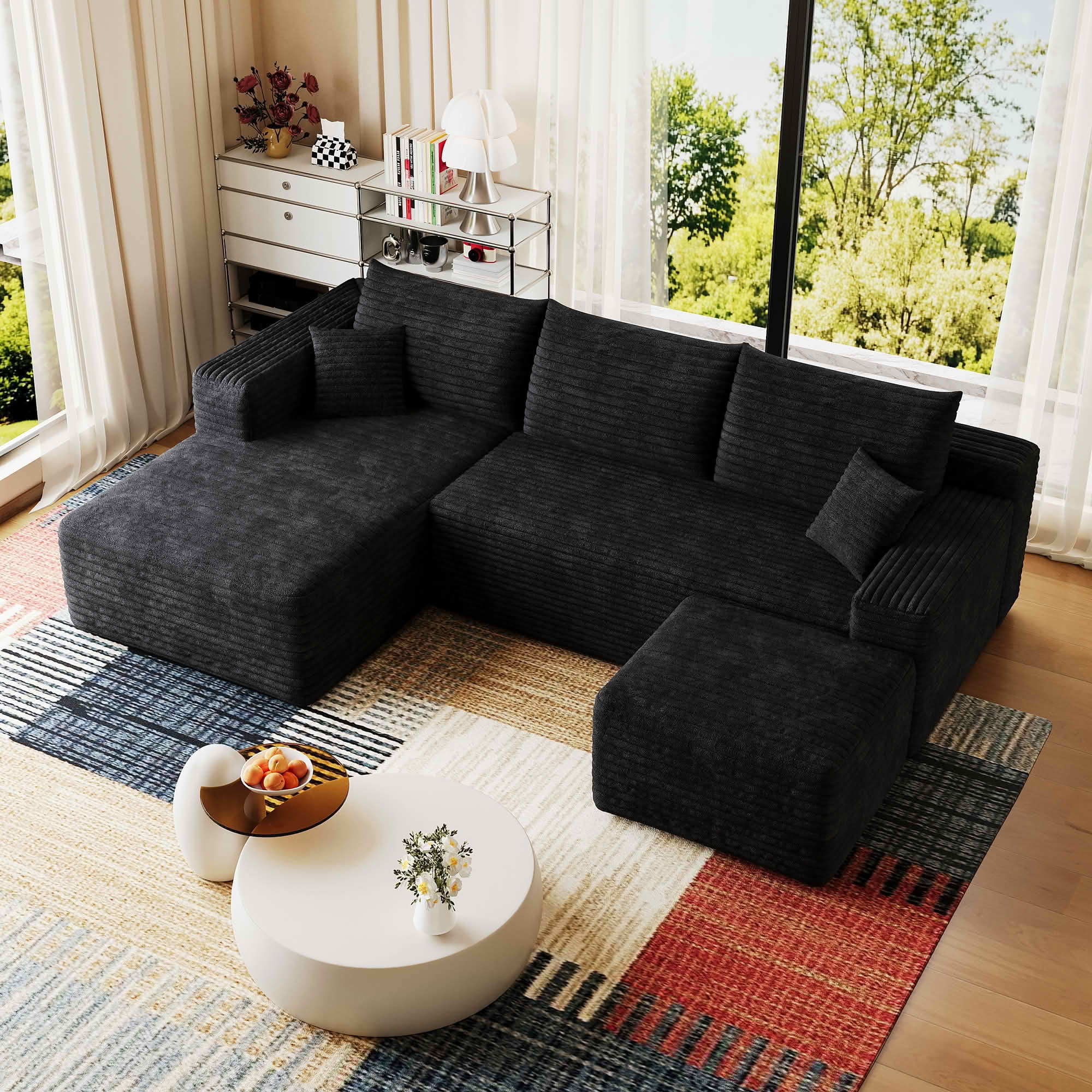 MAYEERTY 95" Corduroy U-Shaped Sectional Sofa with Ottoman, Deep Seat Cloud Couch, No Assembly Leisure Sofa for Home