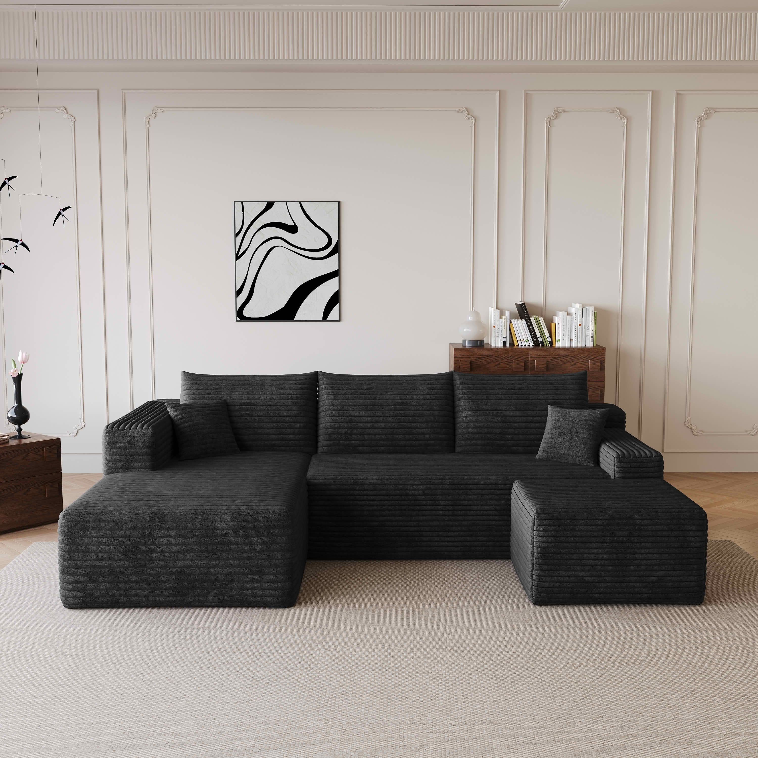 MAYEERTY 95 Inch Cloud U Shaped Sectional Sofa with Ottoman, Plush Corduroy Deep Seat Corner Couch, No Assembly Modern Minimalist Sofa for Living Room