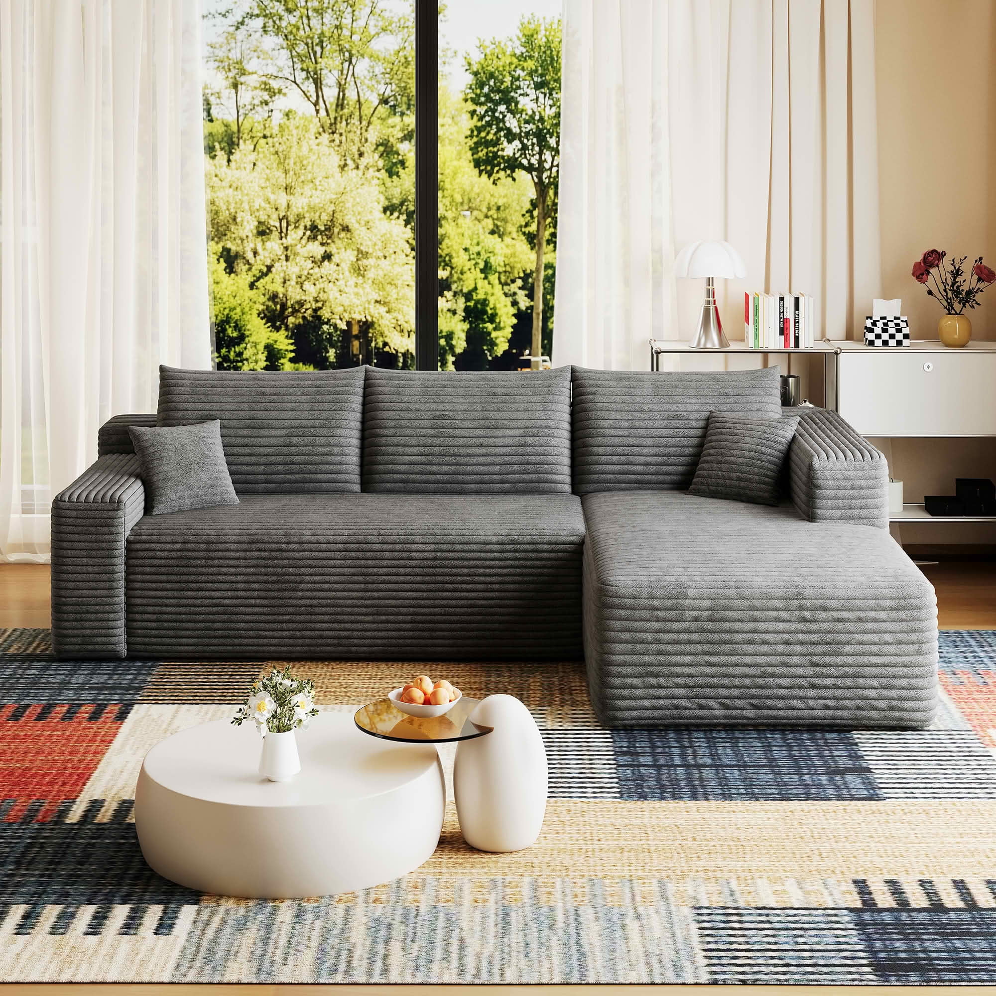 MAYEERTY 95 Inch Cloud U Shaped Sectional Sofa, Plush Corduroy Deep Seat Corner Couch, No Assembly Modern Minimalist Sofa for Living Room Apartment