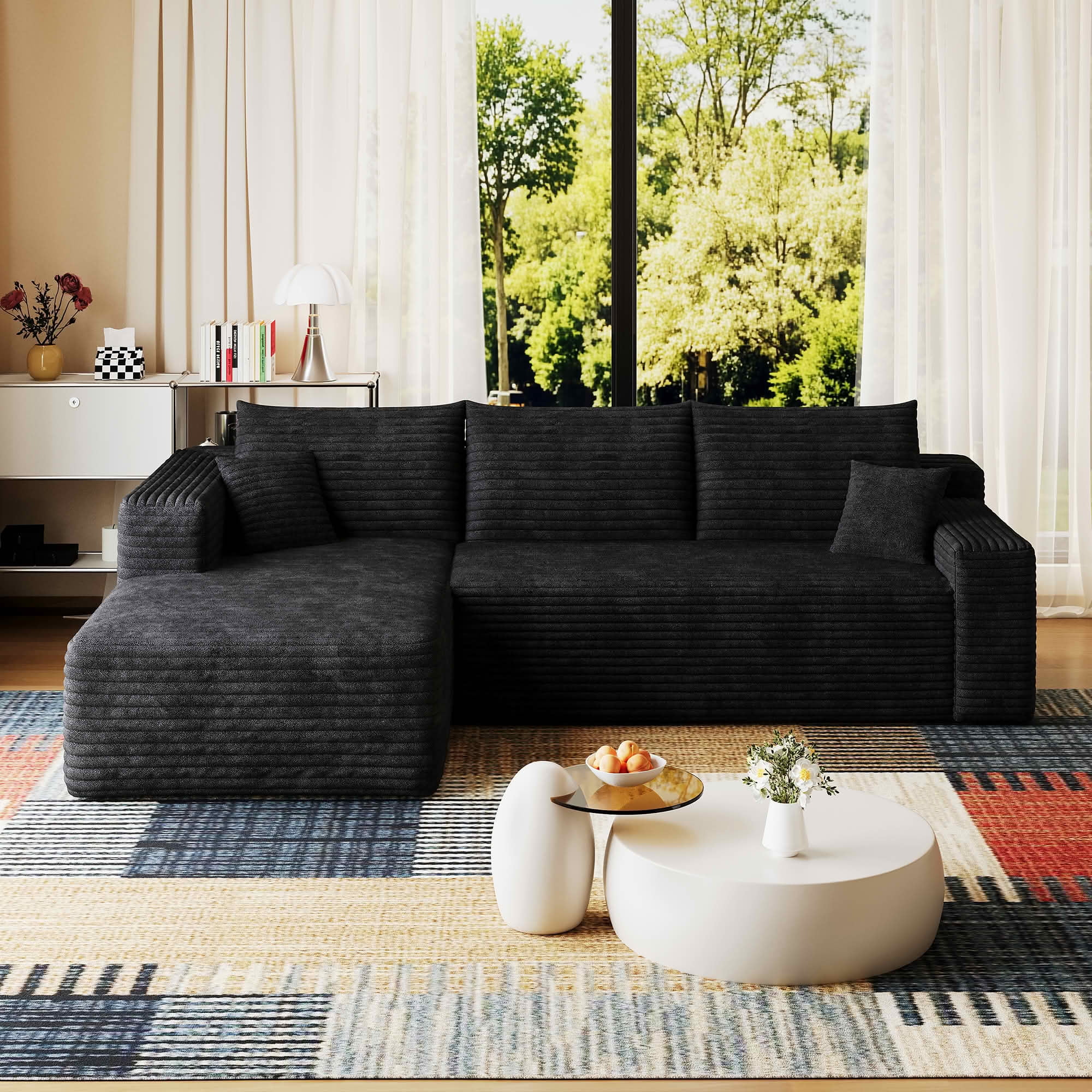 MAYEERTY 95 Inch L‑Shaped Cloud Sectional Sofa, Modern Minimalist Deep‑Seat Corner Couch, Plush Corduroy Upholstered Reversible Sofa, No‑Assembly Required for Living Room Bedroom Apartment