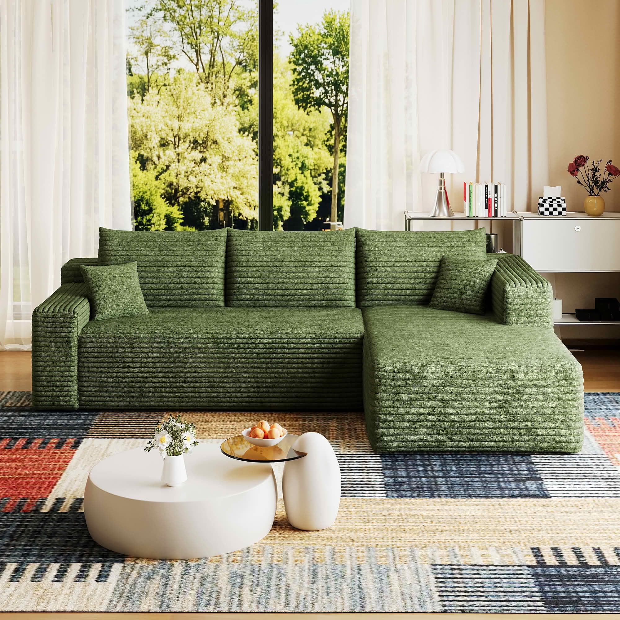 MAYEERTY 95 Inch L‑Shaped Cloud Sectional Sofa, Modern Minimalist Deep‑Seat Corner Couch, Plush Corduroy Upholstered Reversible Sofa, No‑Assembly Required for Living Room Bedroom Apartment