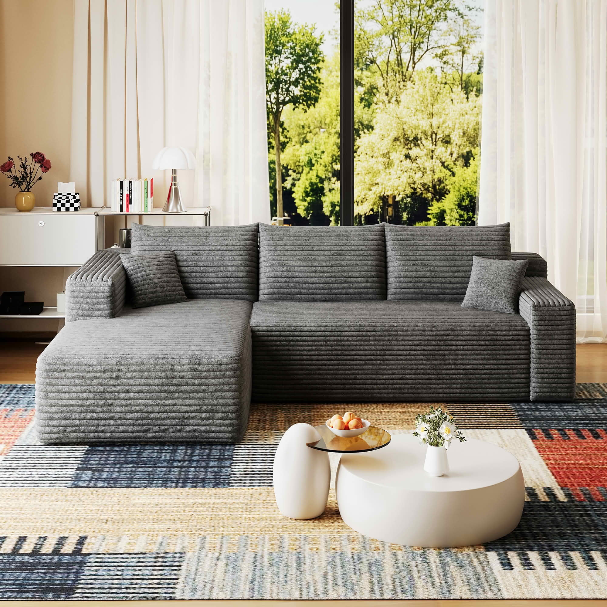 MAYEERTY 95 Inch L‑Shaped Cloud Sectional Sofa, Modern Minimalist Deep‑Seat Corner Couch, Plush Corduroy Upholstered Reversible Sofa, No‑Assembly Required for Living Room Bedroom Apartment