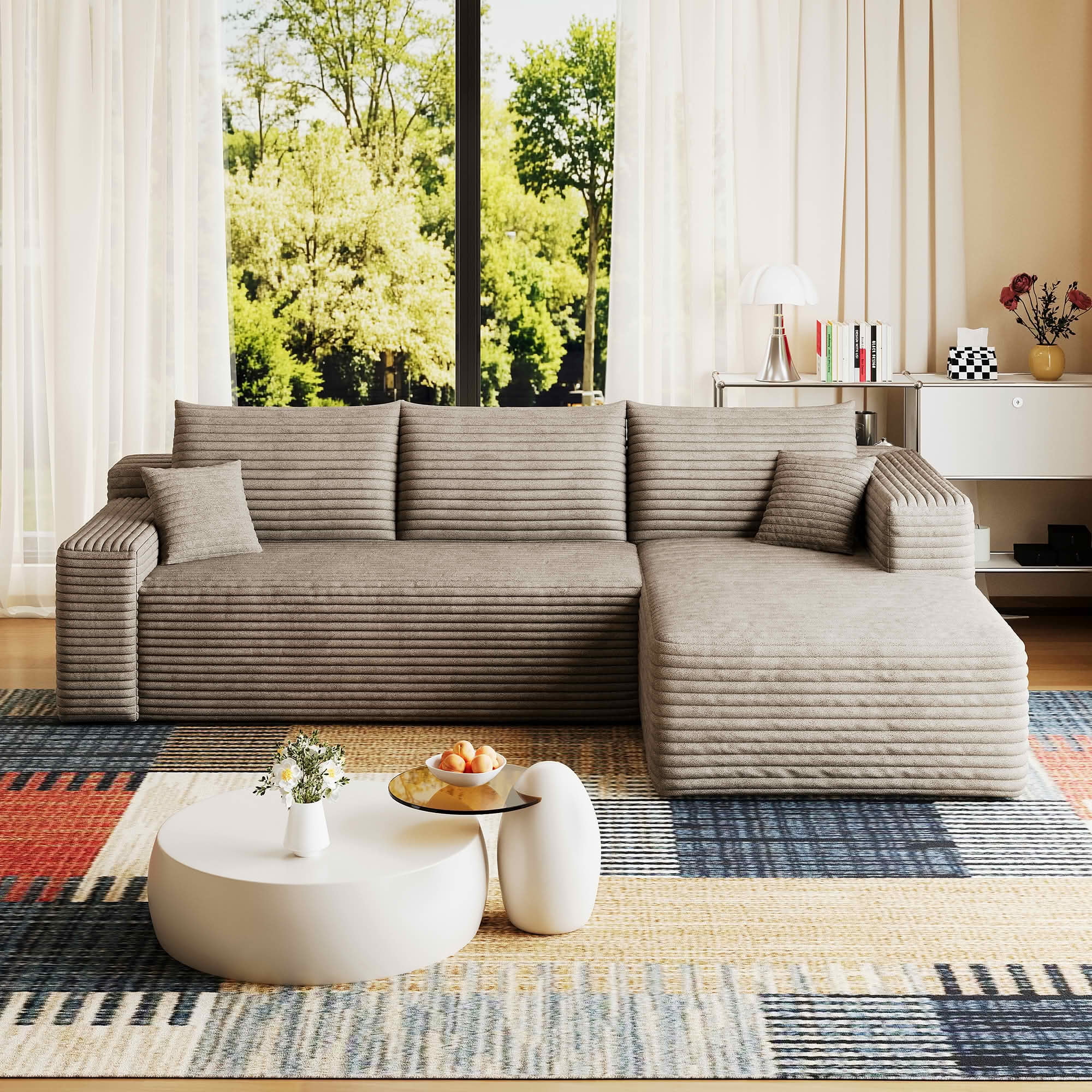MAYEERTY 95 Inch L‑Shaped Cloud Sectional Sofa, Modern Minimalist Deep‑Seat Corner Couch, Plush Corduroy Upholstered Reversible Sofa, No‑Assembly Required for Living Room Bedroom Apartment