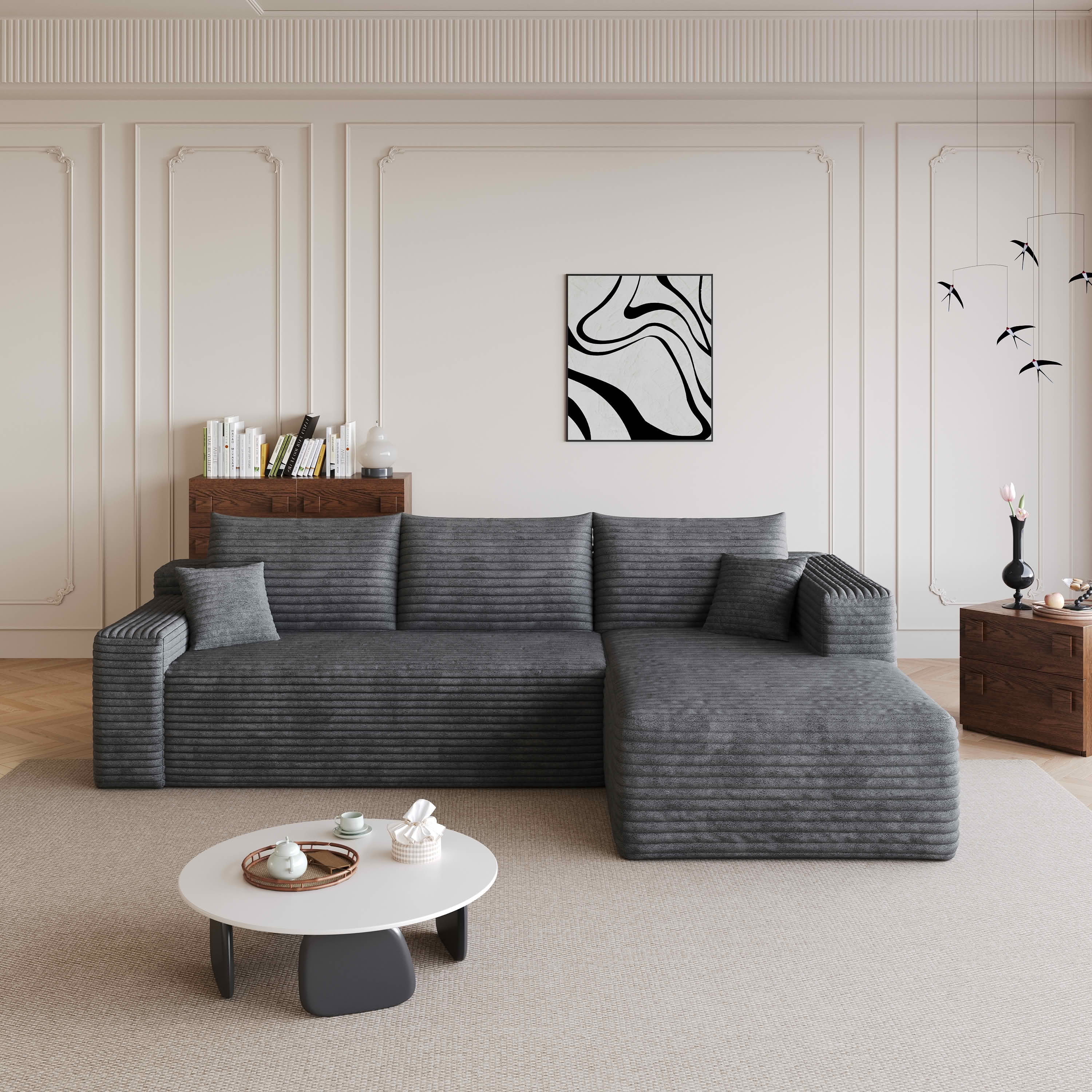 MAYEERTY 95 Inch L‑Shaped Cloud Sectional Sofa, Modern Minimalist Deep‑Seat Corner Couch, Plush Corduroy Upholstered Reversible Sofa, No‑Assembly Required for Living Room Bedroom Apartment