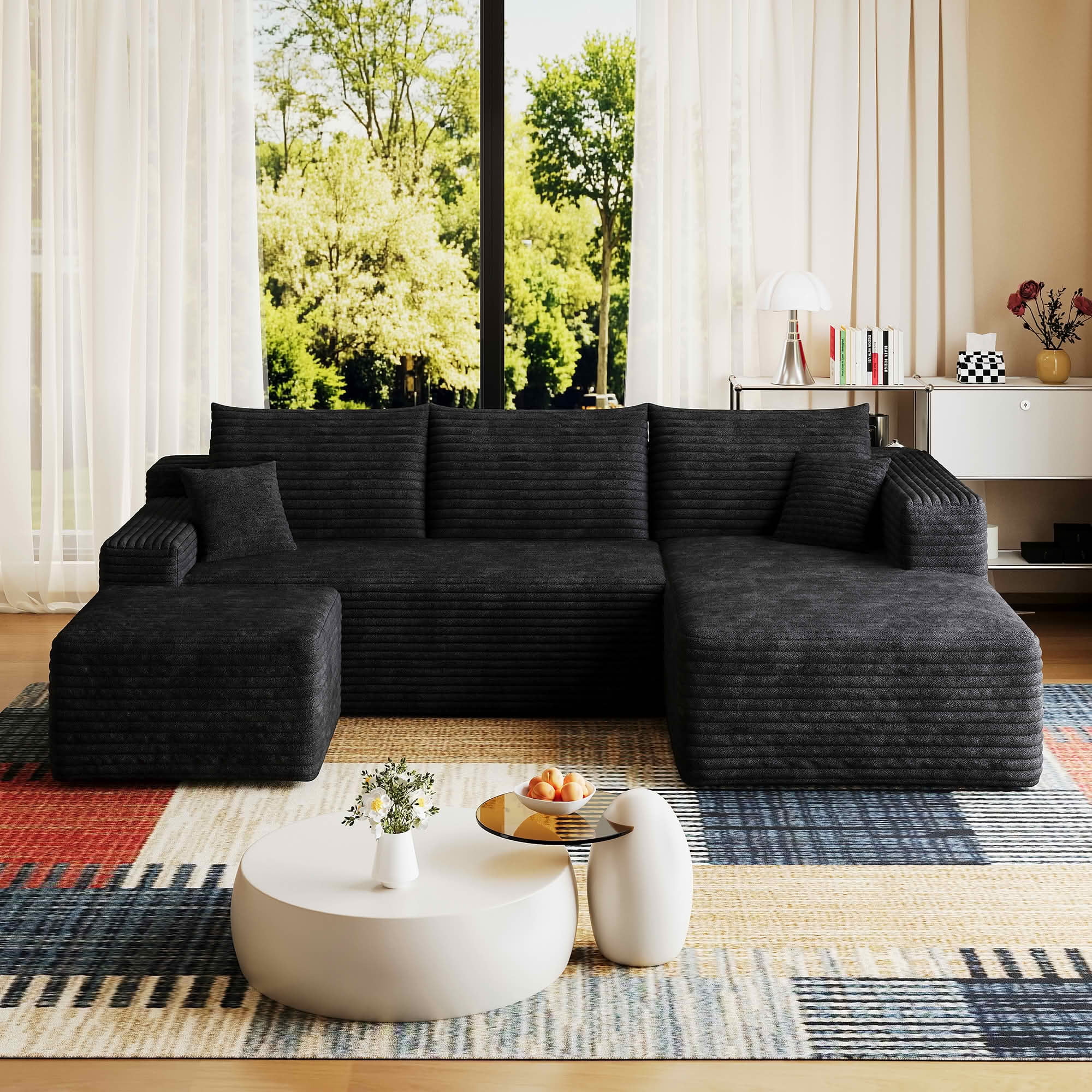 MAYEERTY 95 Inch U‑Shaped Cloud Sectional Sofa with 1 Ottoman, Modern Deep‑Seat Corner Couch, Plush Corduroy Reversible Sofa, No‑Assembly for Living Room Bedroom Apartment