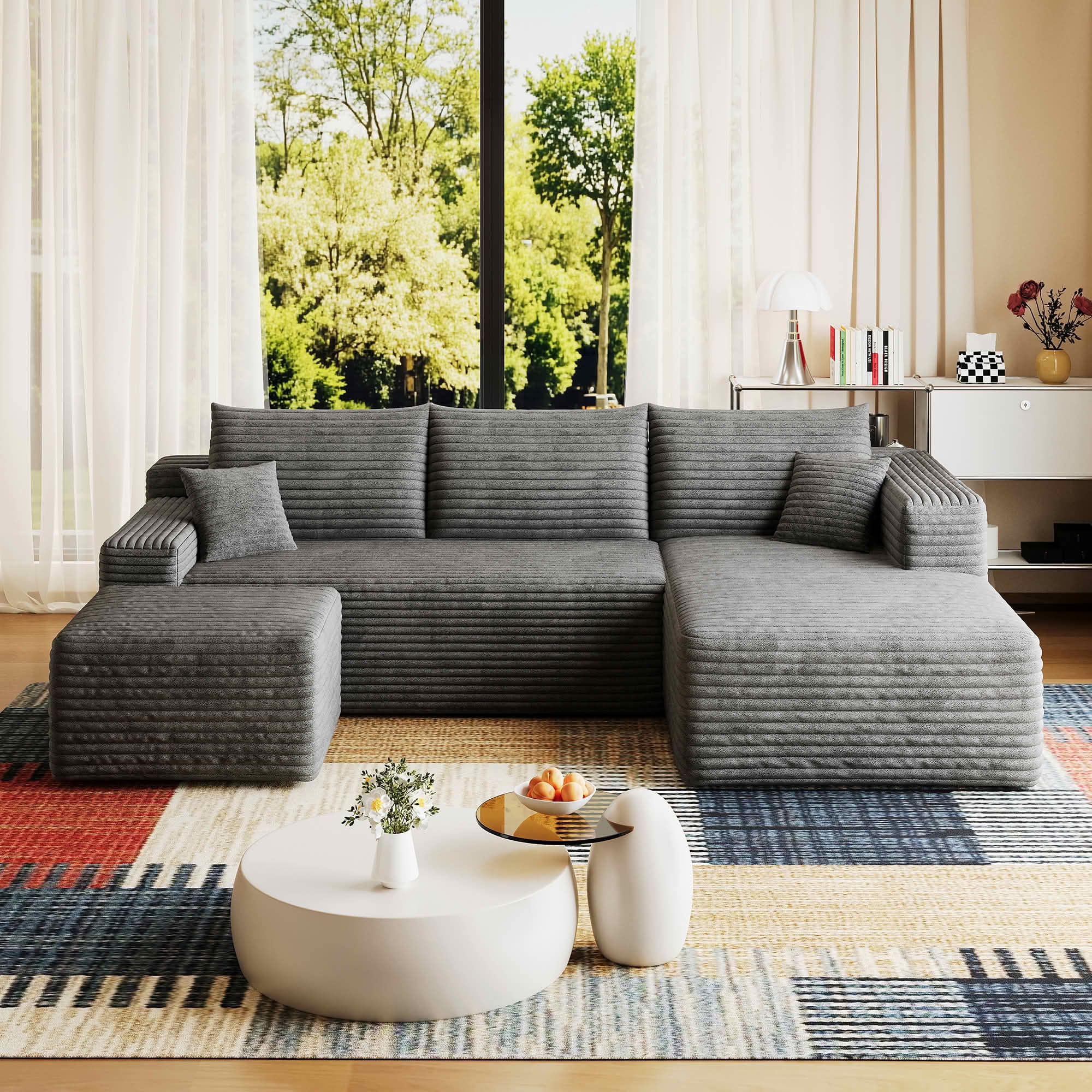 MAYEERTY 95 Inch U‑Shaped Cloud Sectional Sofa with 1 Ottoman, Modern Deep‑Seat Corner Couch, Plush Corduroy Reversible Sofa, No‑Assembly for Living Room Bedroom Apartment