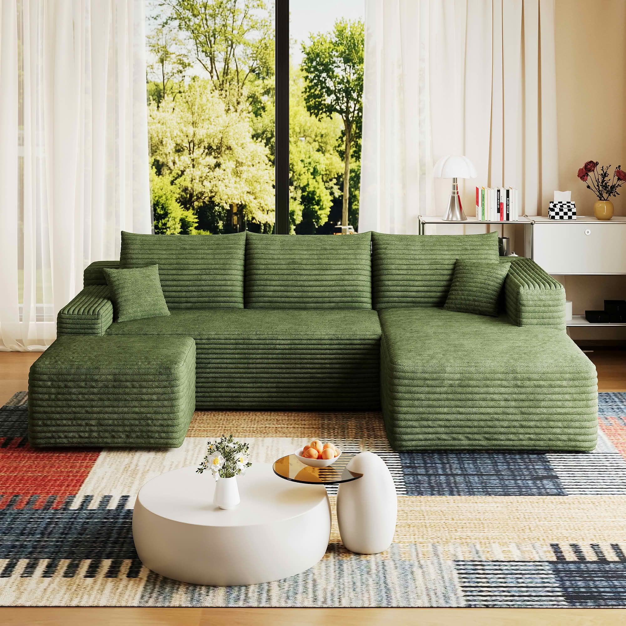 MAYEERTY 95 Inch U‑Shaped Cloud Sectional Sofa with 1 Ottoman, Modern Deep‑Seat Corner Couch, Plush Corduroy Reversible Sofa, No‑Assembly for Living Room Bedroom Apartment