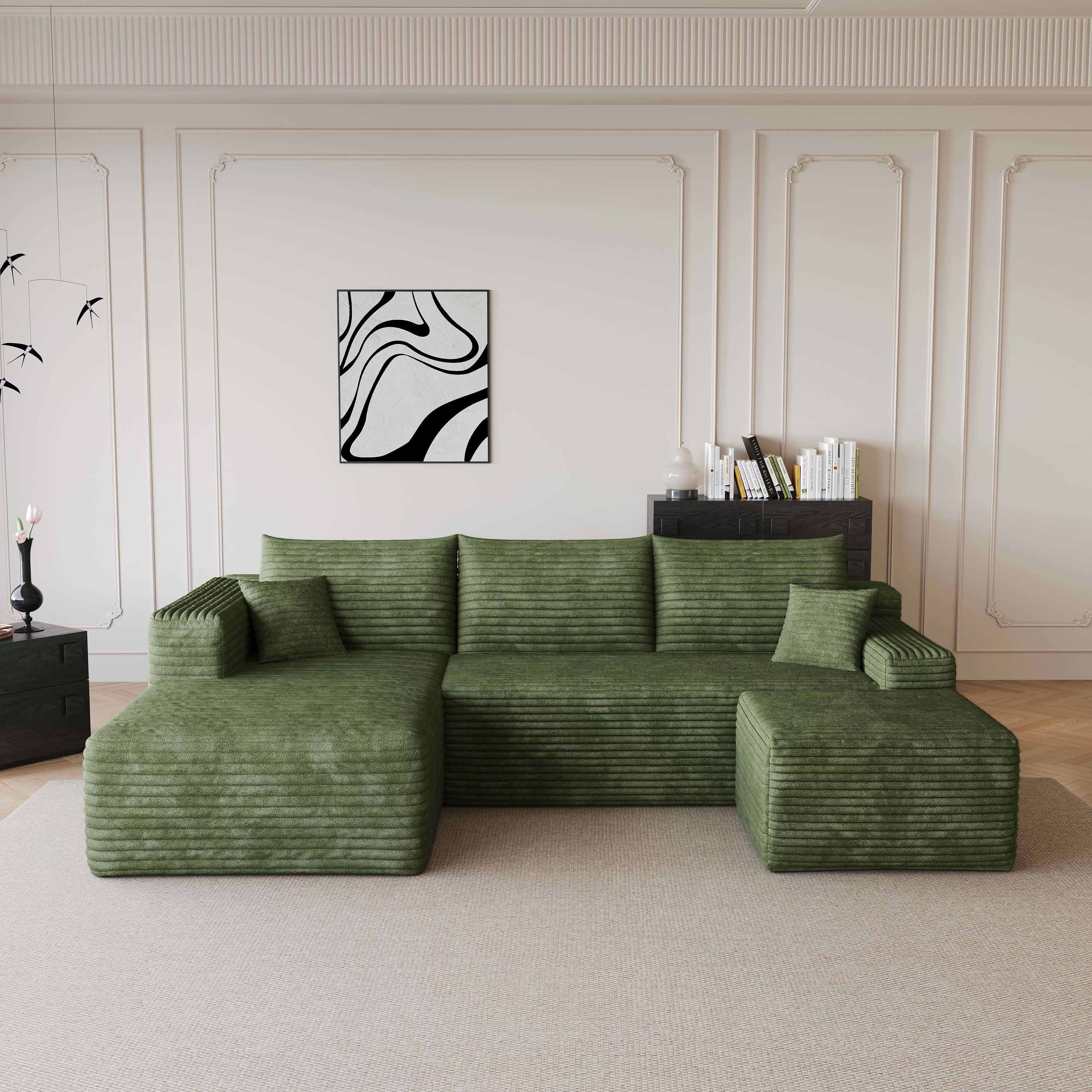 MAYEERTY 95 Inch U‑Shaped Cloud Sectional Sofa with 1 Ottoman, Modern Deep‑Seat Corner Couch, Plush Corduroy Reversible Sofa, No‑Assembly for Living Room Bedroom Apartment