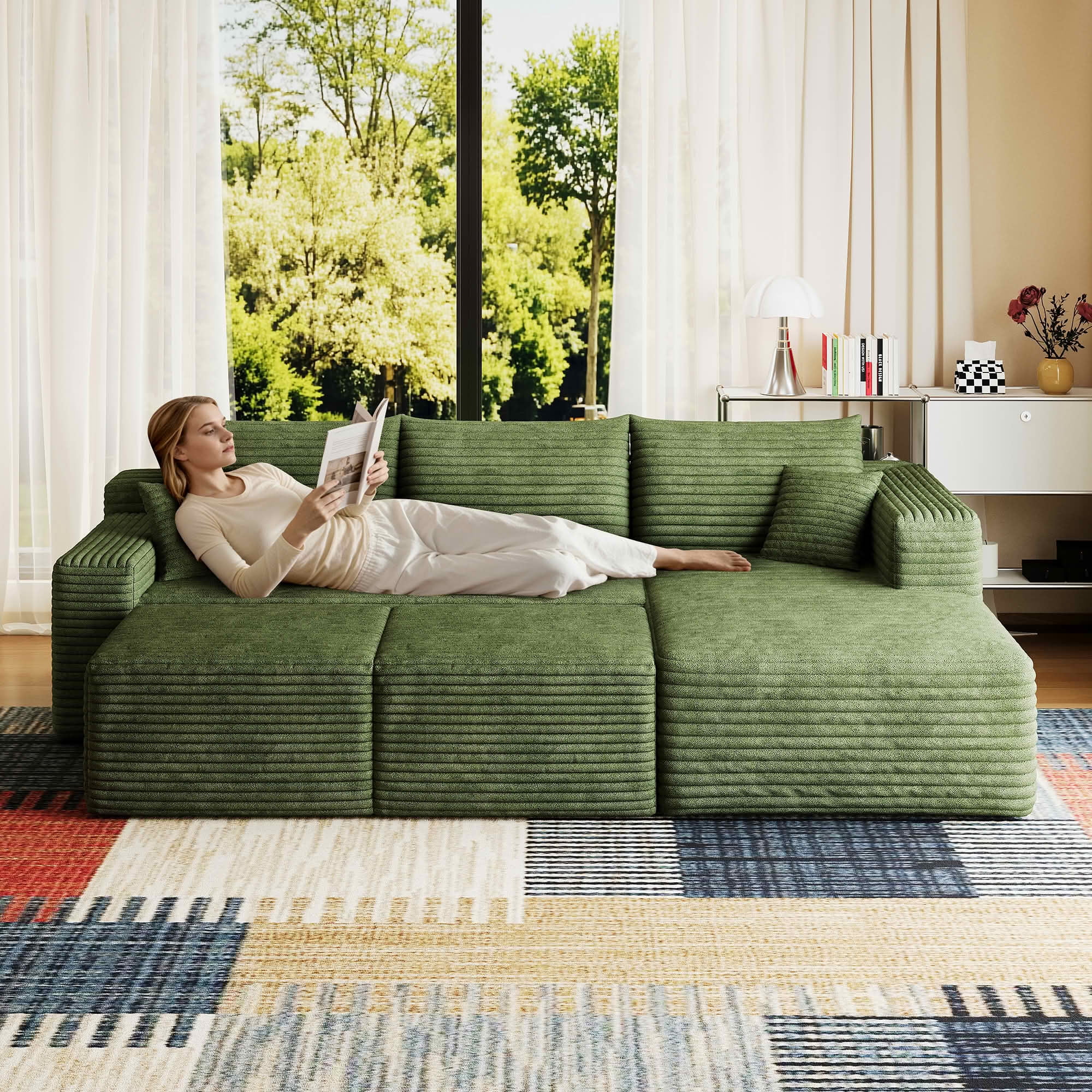 MAYEERTY 95 Inch U‑Shaped Cloud Sectional Sofa with 2 Ottomans, Modern Deep‑Seat Corner Couch, Plush Corduroy Reversible Sofa, No‑Assembly for Living Room Bedroom Apartment