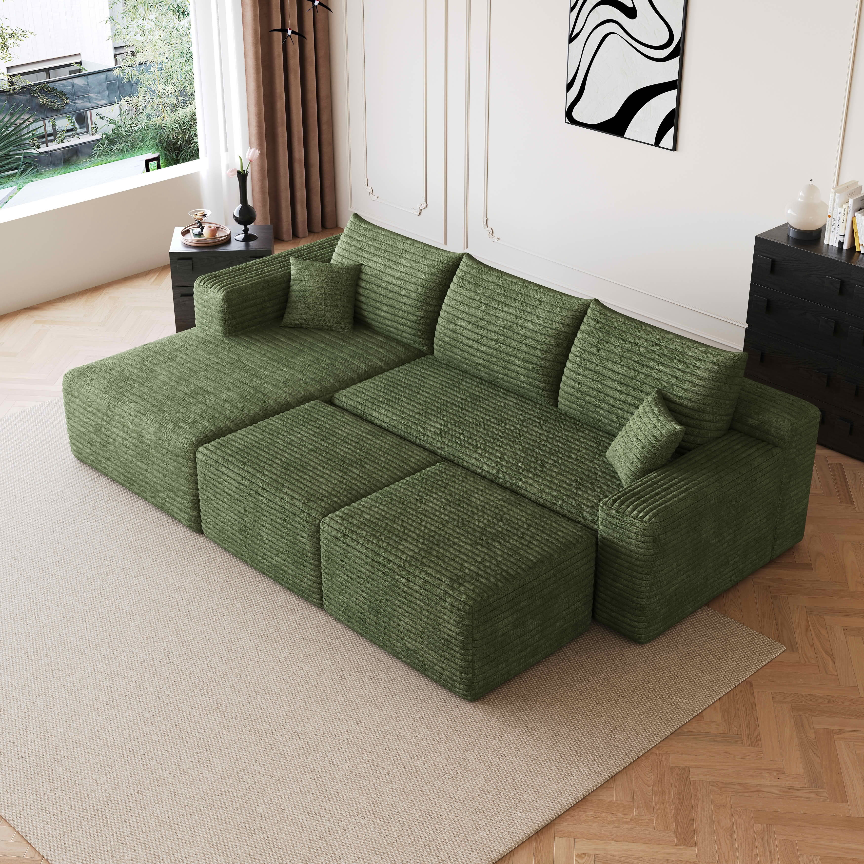 MAYEERTY 95 Inch U‑Shaped Cloud Sectional Sofa with 2 Ottomans, Modern Deep‑Seat Corner Couch, Plush Corduroy Reversible Sofa, No‑Assembly for Living Room Bedroom Apartment