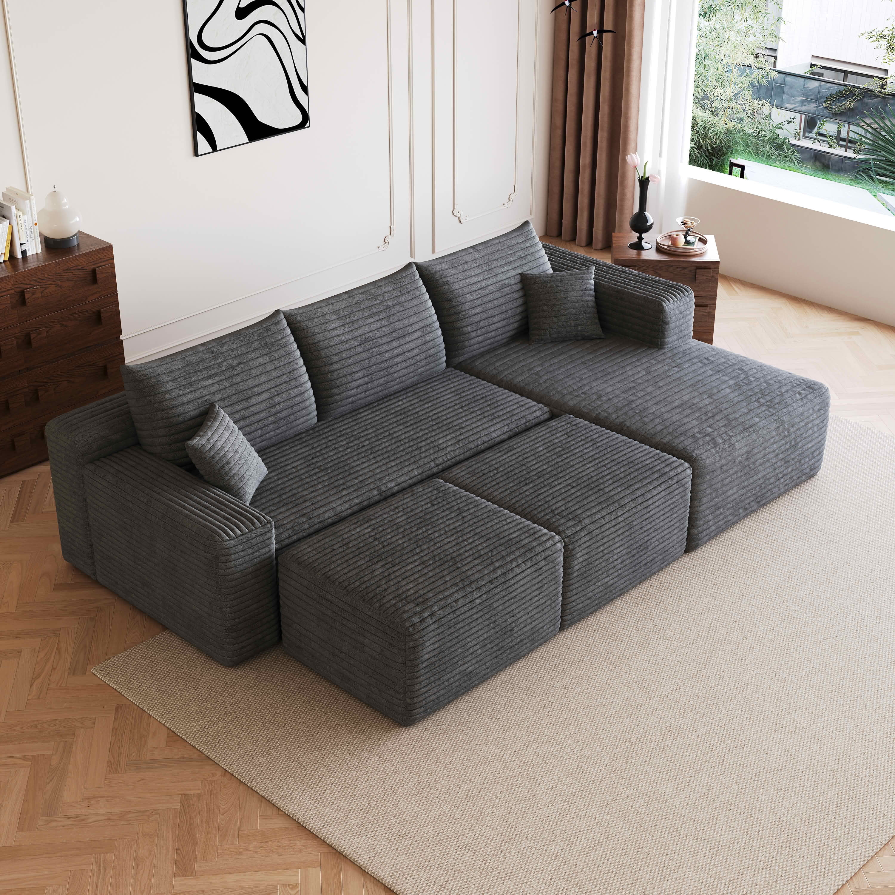 MAYEERTY 95 Inch U‑Shaped Cloud Sectional Sofa with 2 Ottomans, Modern Deep‑Seat Corner Couch, Plush Corduroy Reversible Sofa, No‑Assembly for Living Room Bedroom Apartment
