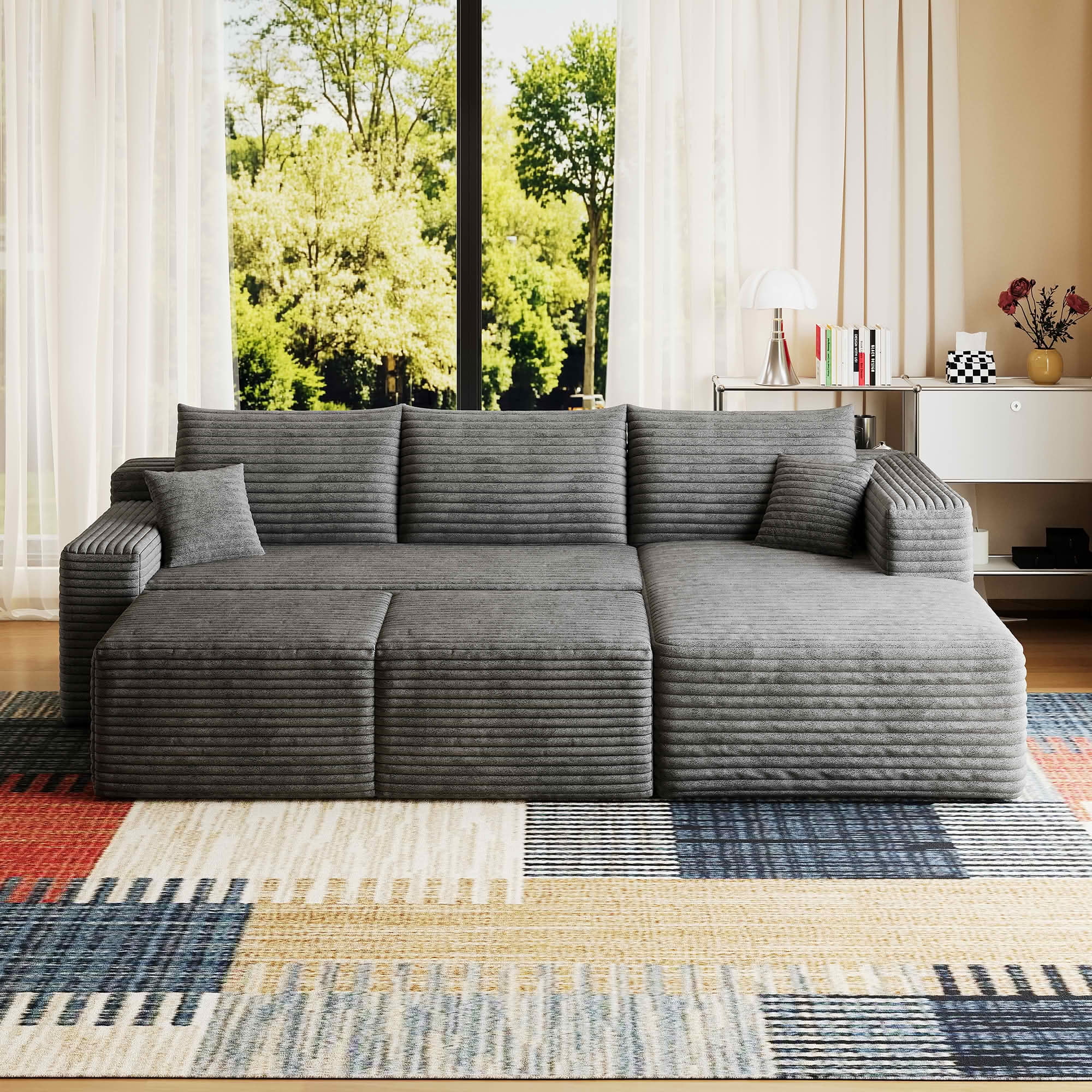 MAYEERTY 95 Inch U‑Shaped Cloud Sectional Sofa with 2 Ottomans, Modern Deep‑Seat Corner Couch, Plush Corduroy Reversible Sofa, No‑Assembly for Living Room Bedroom Apartment