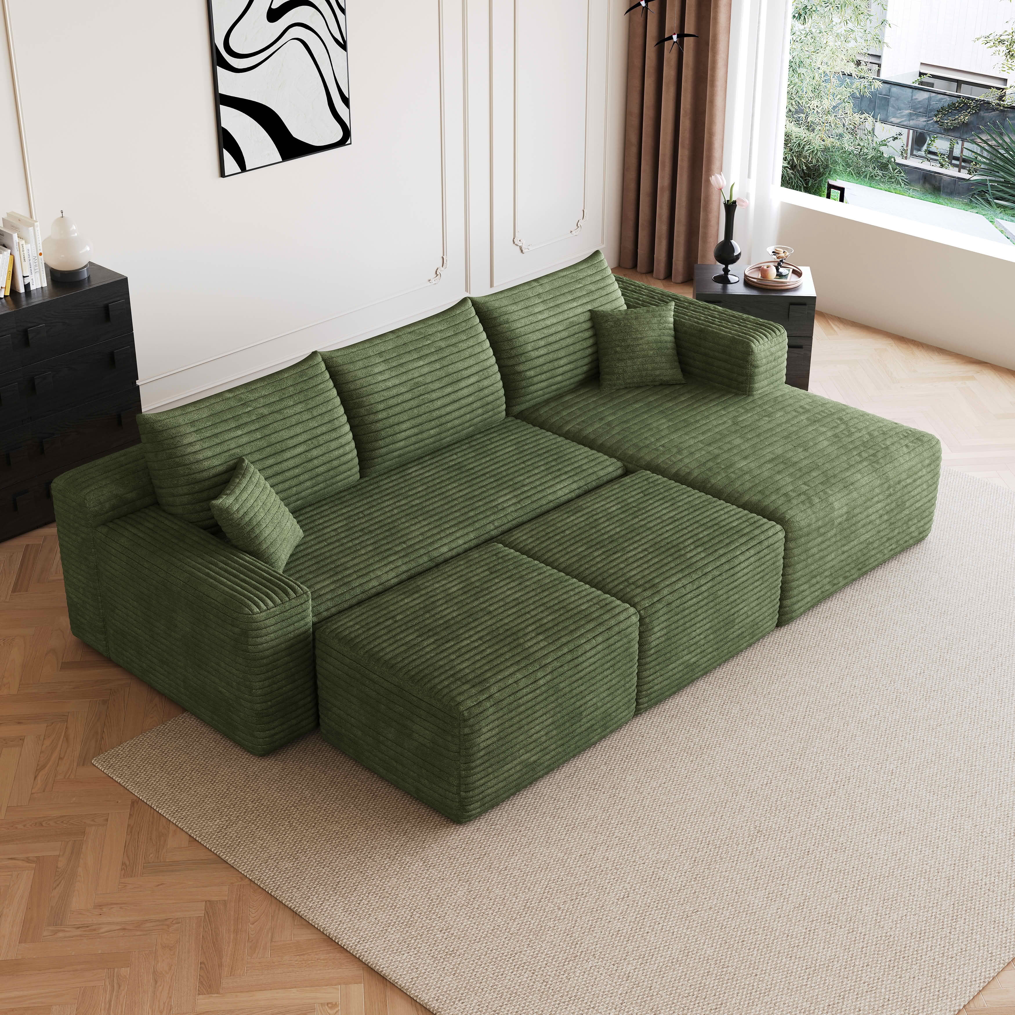MAYEERTY 95 Inch U‑Shaped Cloud Sectional Sofa with 2 Ottomans, Modern Deep‑Seat Corner Couch, Plush Corduroy Reversible Sofa, No‑Assembly for Living Room Bedroom Apartment