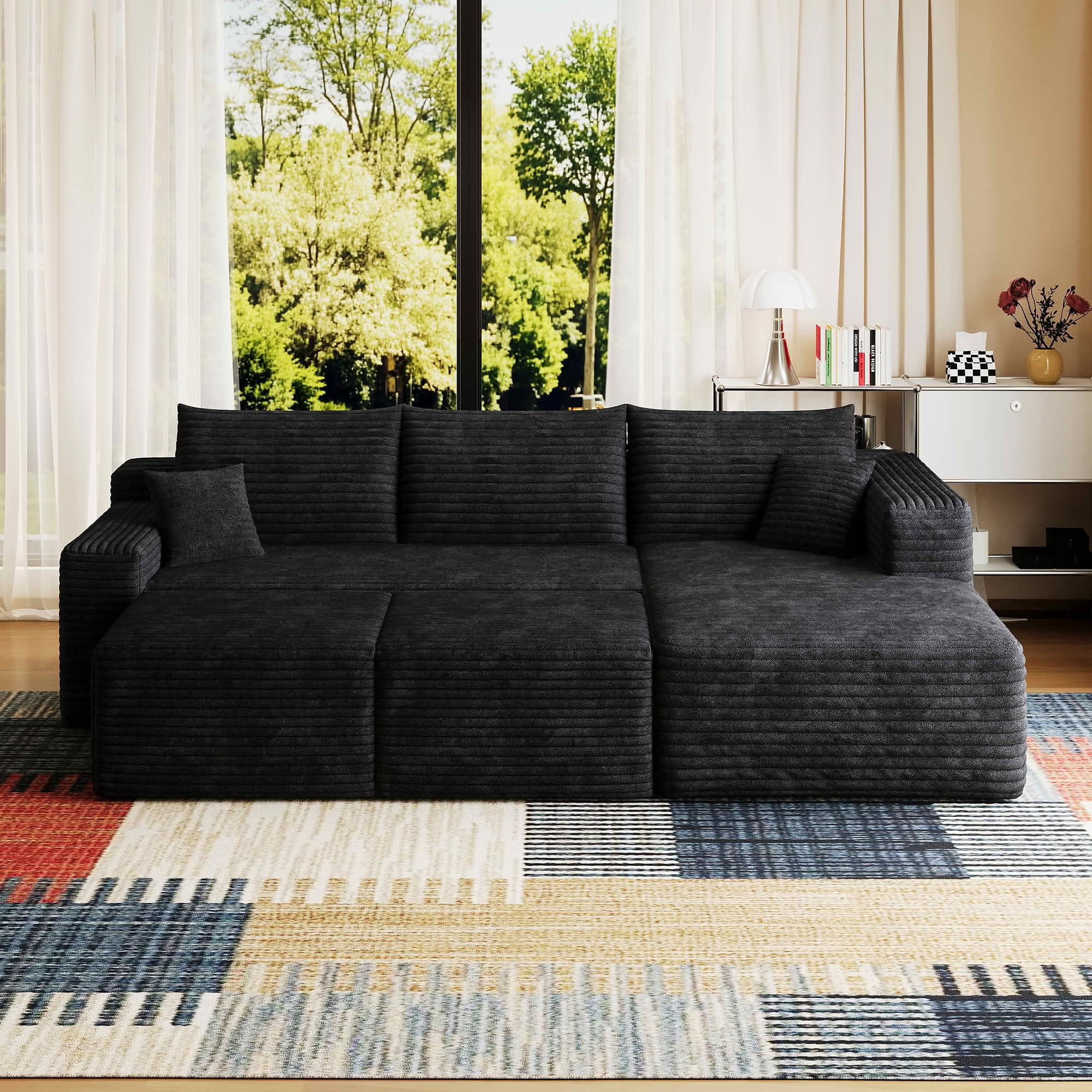 MAYEERTY 95 Inch U‑Shaped Cloud Sectional Sofa with 2 Ottomans, Modern Deep‑Seat Corner Couch, Plush Corduroy Reversible Sofa, No‑Assembly for Living Room Bedroom Apartment
