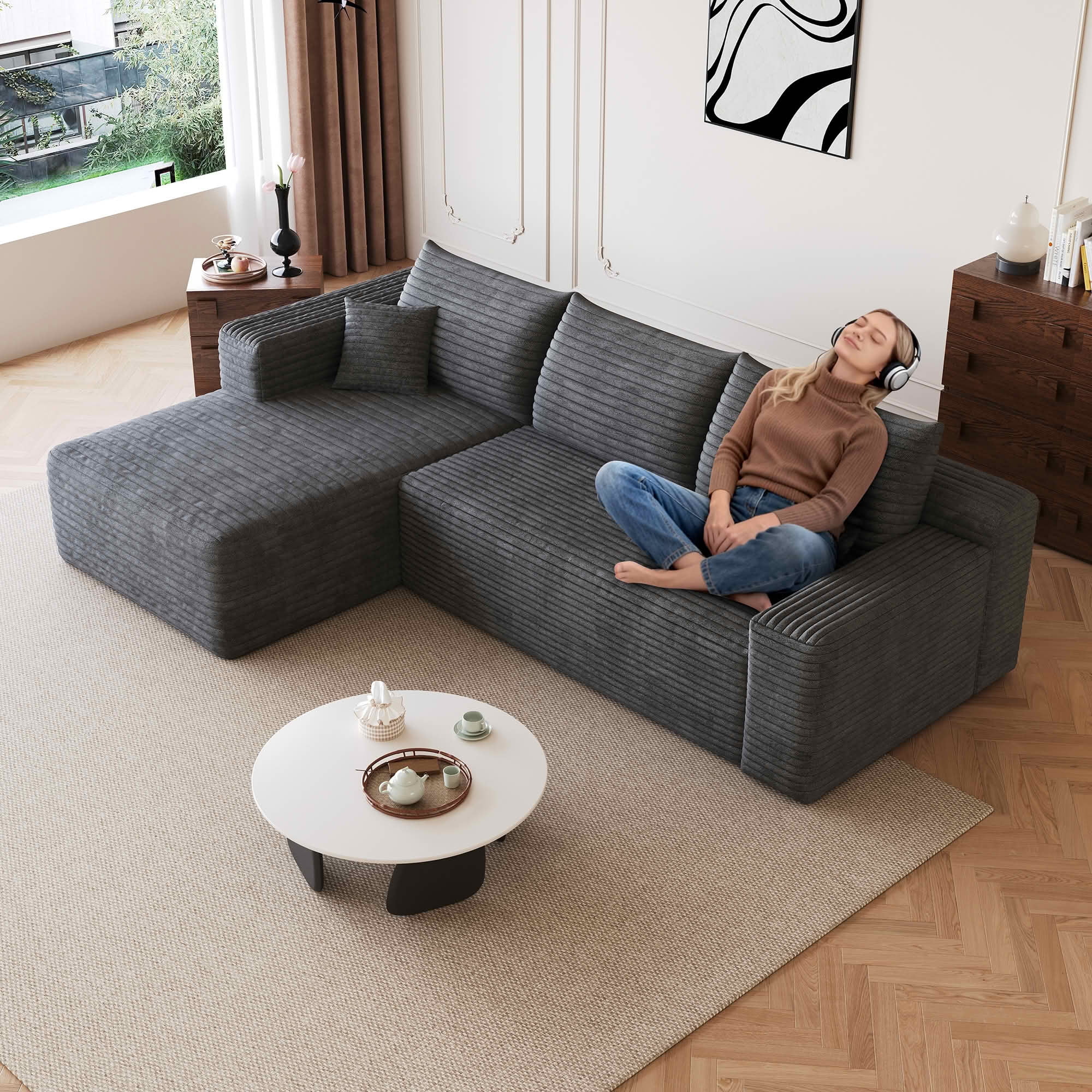MAYEERTY 95" L-Shaped Cloud Sectional Sofa, Plush Corduroy Modern Minimalist Couch, Deep Seat Upholstered Corner Sofa with Cloud-Like Comfort, No Assembly Required for Living Room