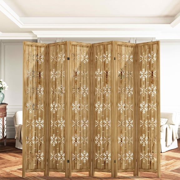 MAYEERTY 95x1x67 Inch Natural Charcoal Snowflake Wooden Folding Privacy Screen, 6 Panel Set for Home & Patio