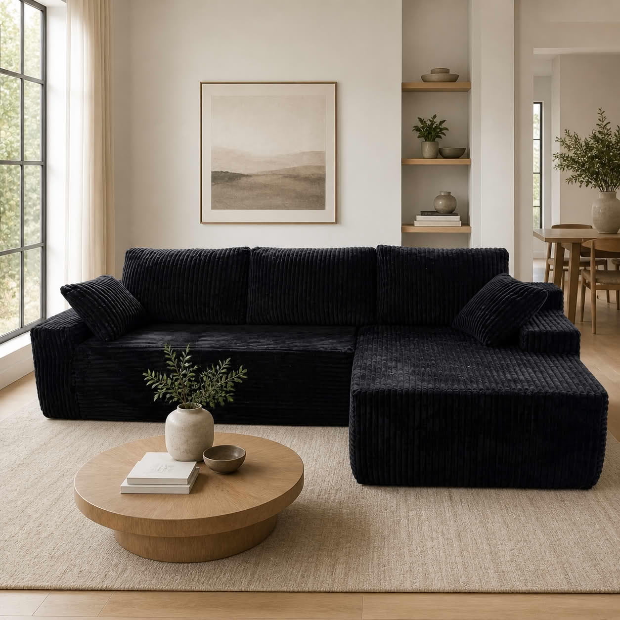 MAYEERTY 96" Black Corduroy Boneless L-Shaped Cloud Sectional Sofa, Compressed No Assembly Couch for Small Living Room
