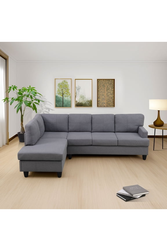 96" L-Shaped Sectional Sofa, Breathable Sackcloth 2-Piece Modular Couch Sofa Set, Light Grey (Left)