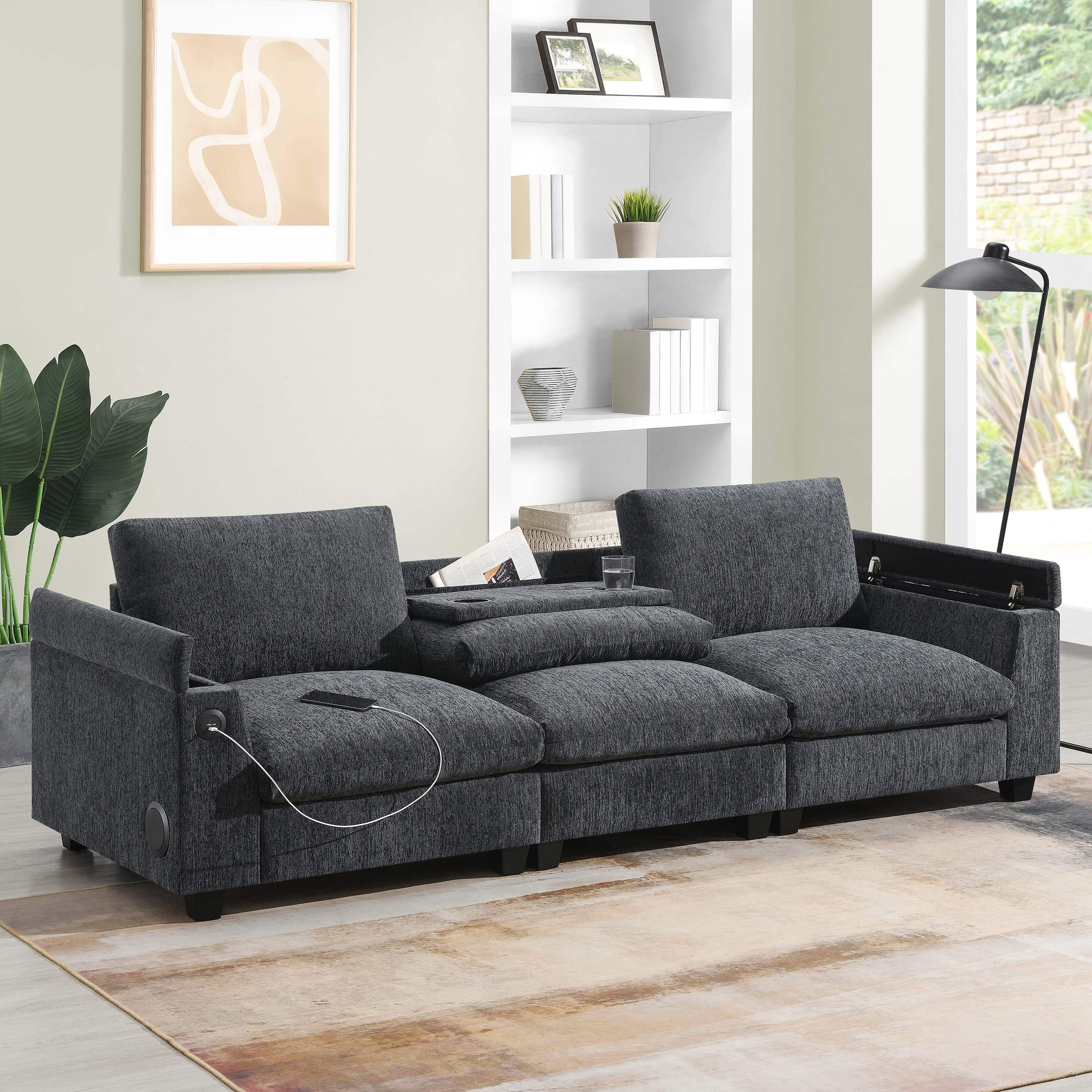 MAYEERTY 96x35" Chenille Sectional Sofa - Bluetooth Speaker, Drop Down Table/Cup Holders/USB/Storage, Wide Seat for Living Room/Apartment/Office, 3 Colors