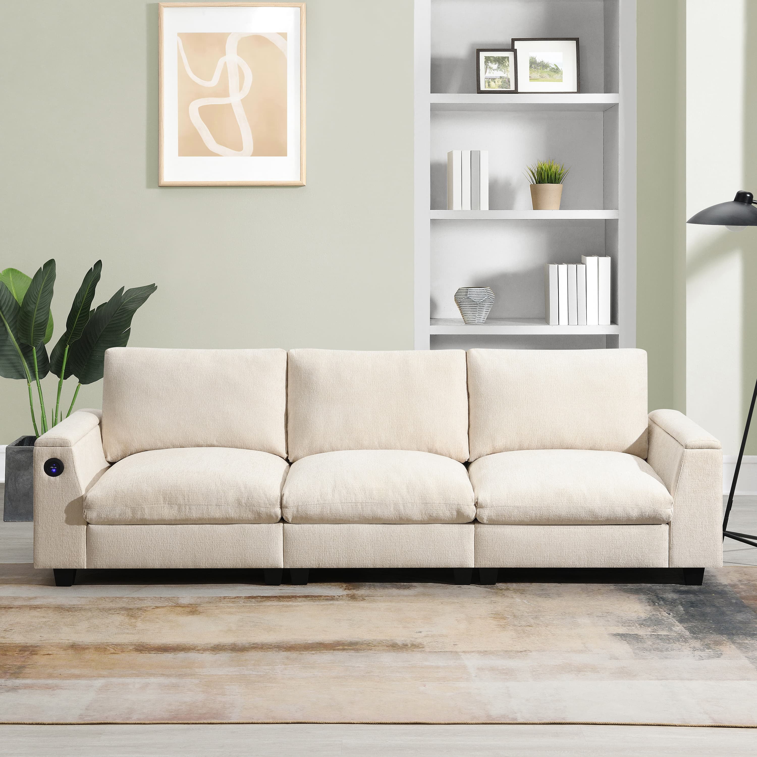 MAYEERTY 96x35" Chenille Sectional Sofa - Bluetooth Speaker, Drop Down Table/Cup Holders/USB/Storage, Wide Seat for Living Room/Apartment/Office, 3 Colors