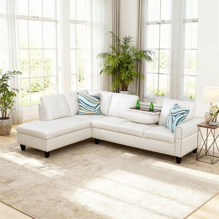 MAYEERTY 97.5" Faux Leather Sectional Sofa, 2-Piece Modular Couch Living Room Sofa Set without Ottoman, White (Left)