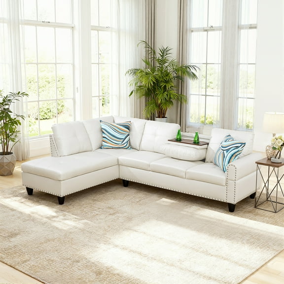 MAYEERTY 97.5" Faux Leather Sectional Sofa, 2-Piece Modular Couch Living Room Sofa Set without Ottoman, White (Left)