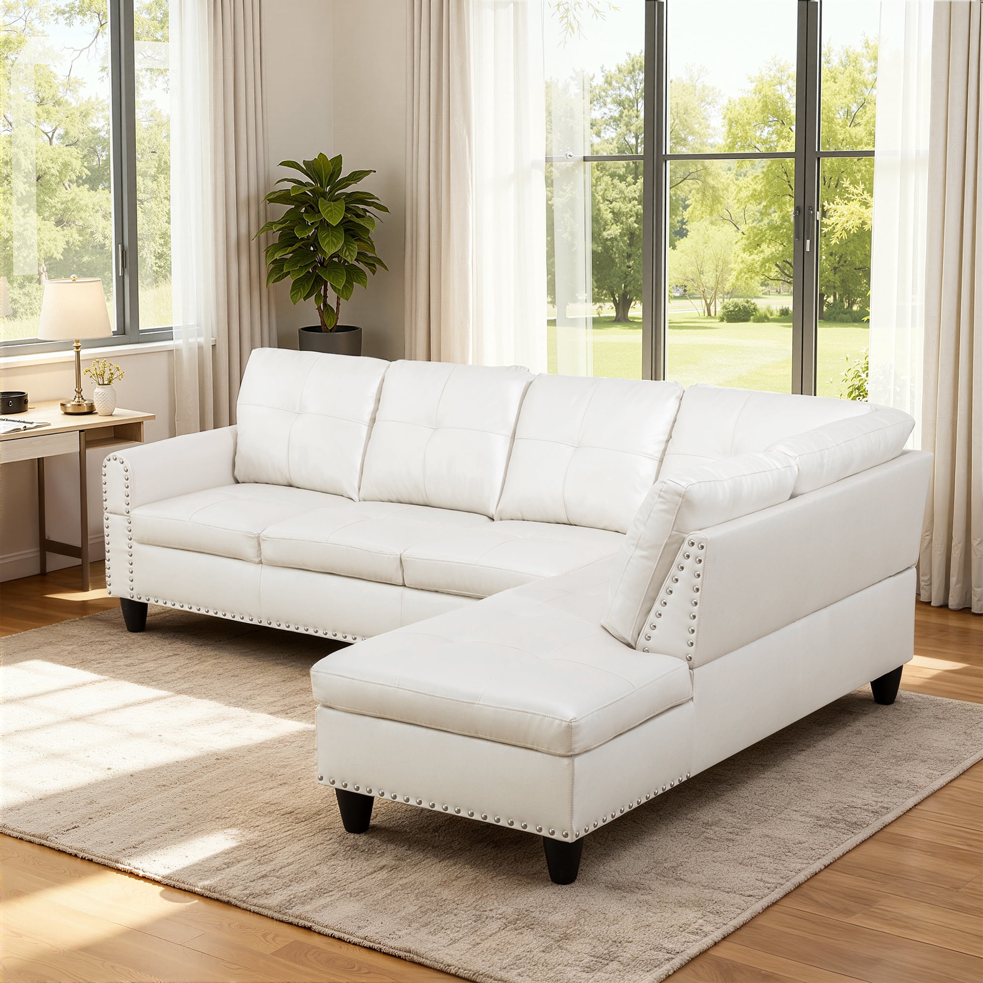 MAYEERTY 97.5" Faux Leather Sectional Sofa, 2-Piece Modular Couch Living Room Sofa Set without Ottoman, White (Right)