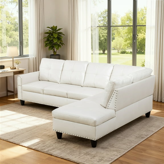 MAYEERTY 97.5" Faux Leather Sectional Sofa, 2-Piece Modular Couch Living Room Sofa Set without Ottoman, White (Right)