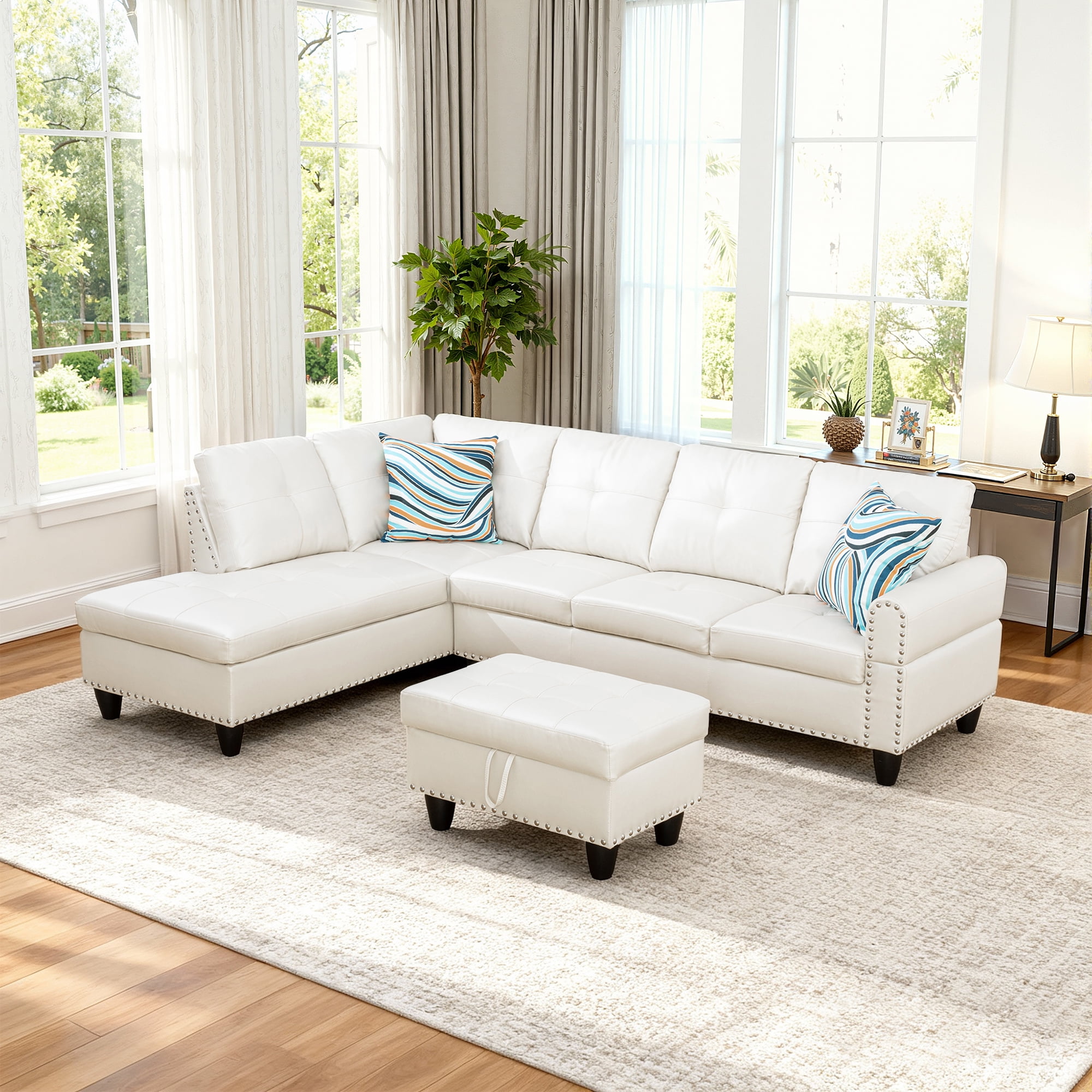 MAYEERTY 97.5" Faux Leather Sectional Sofa, 3-Piece Modular Couch Living Room Sofa Set with Ottoman, White (Left)