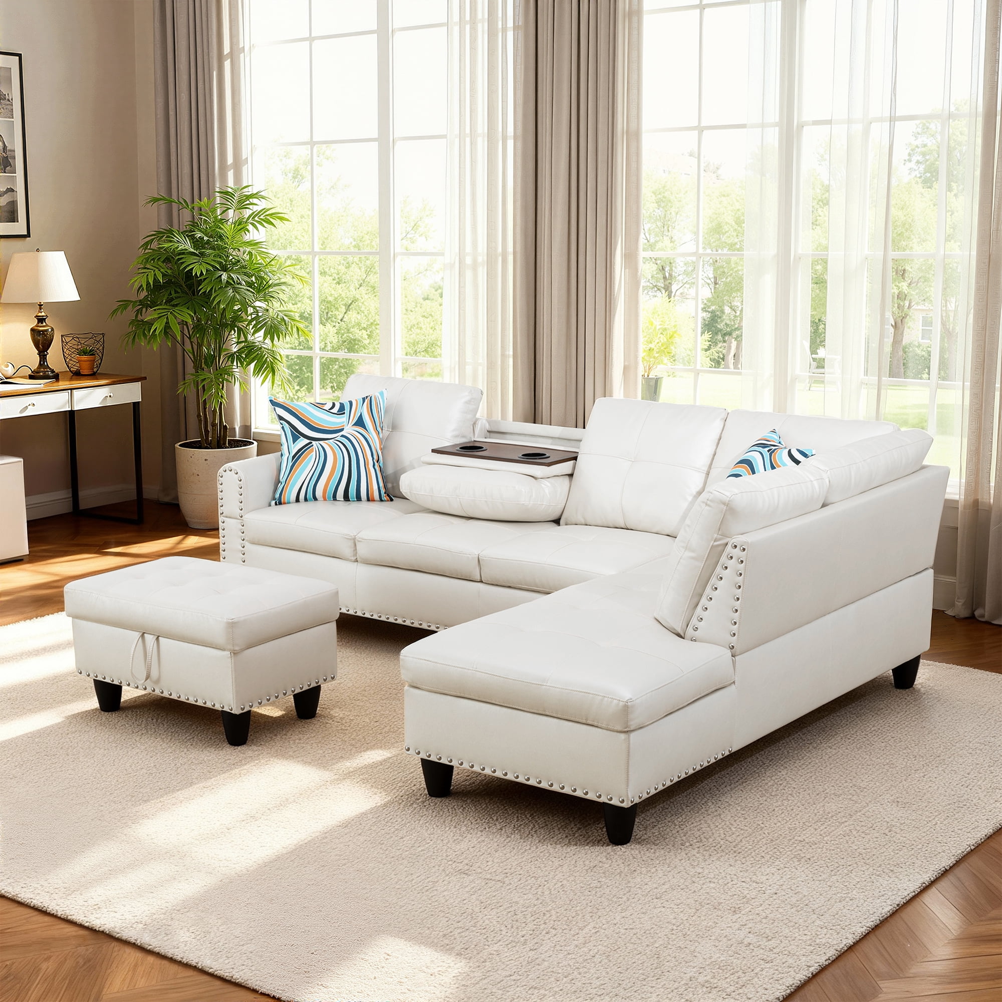 MAYEERTY 97.5" Faux Leather Sectional Sofa, 3-Piece Modular Couch Living Room Sofa Set with Ottoman, White (Right)